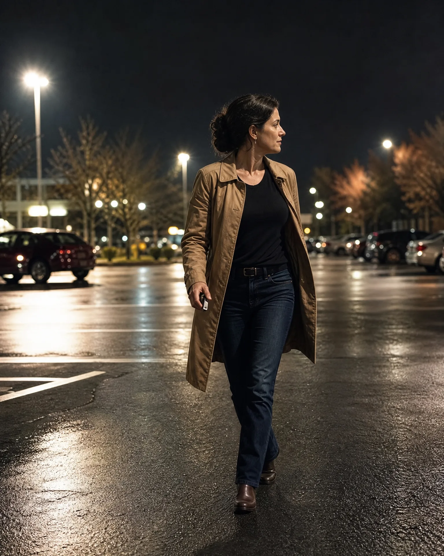 A woman in a tan coat, black top and jeans walks across a wet parking lot at night, with parked cars, bare trees and lit lamp posts in the background.