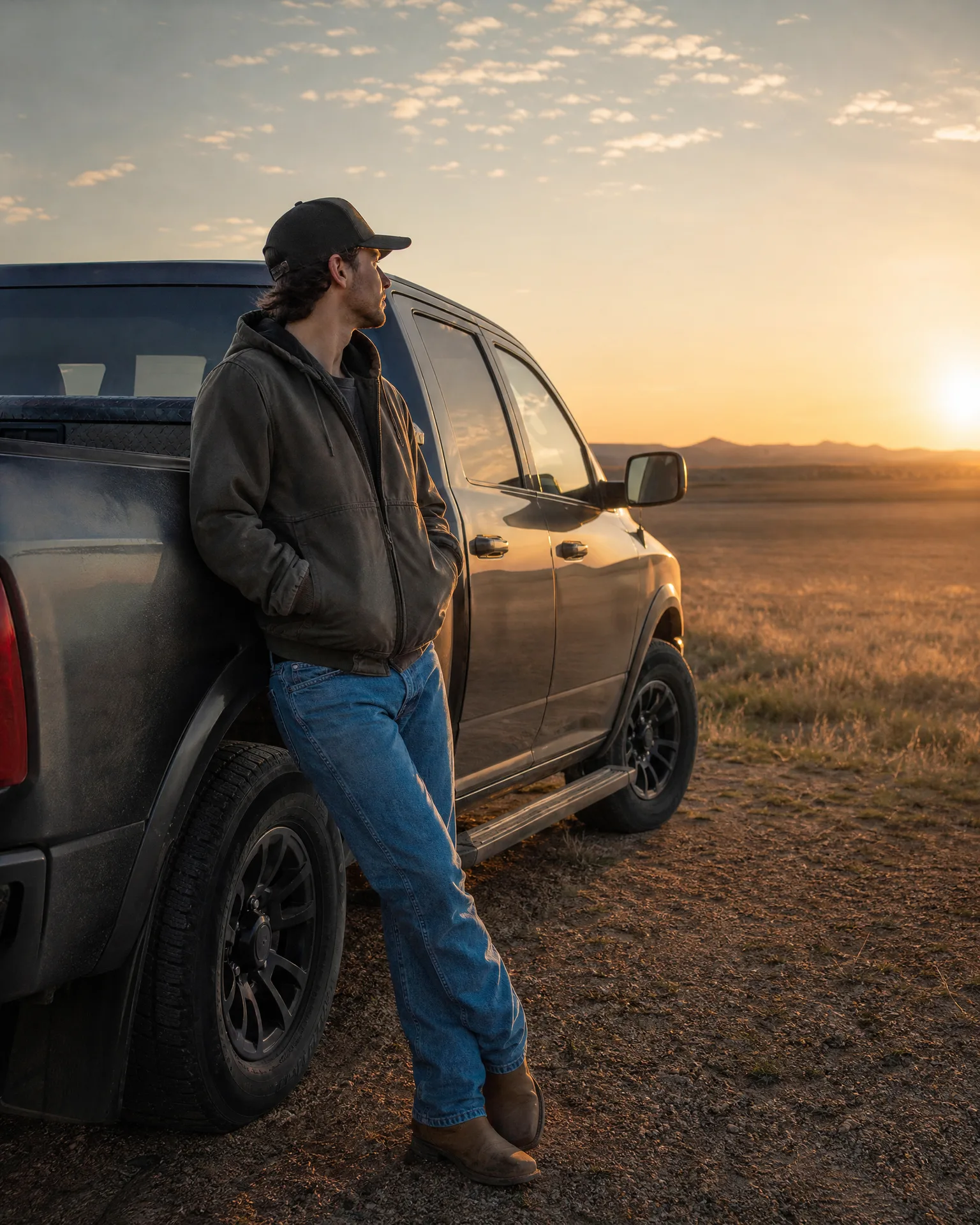 A man in a cap, dark jacket, jeans and boots leans against the side of a dark pickup truck on open grassland at sunrise or sunset, with low hills on the horizon.