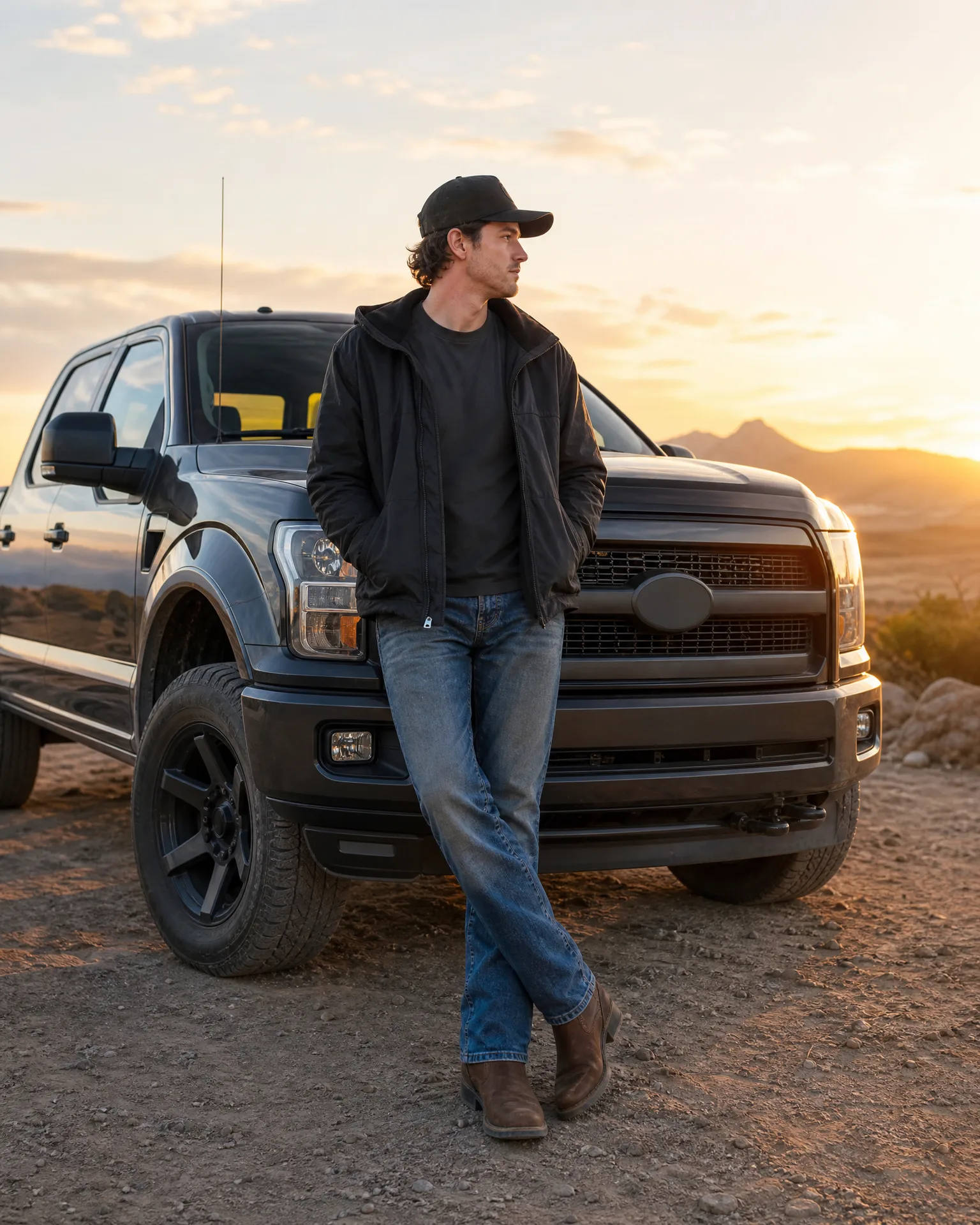 A man in a black cap, dark jacket and jeans with brown boots leans against the front of a dark pickup truck on gravel ground, with distant hills and a bright hazy sky behind.