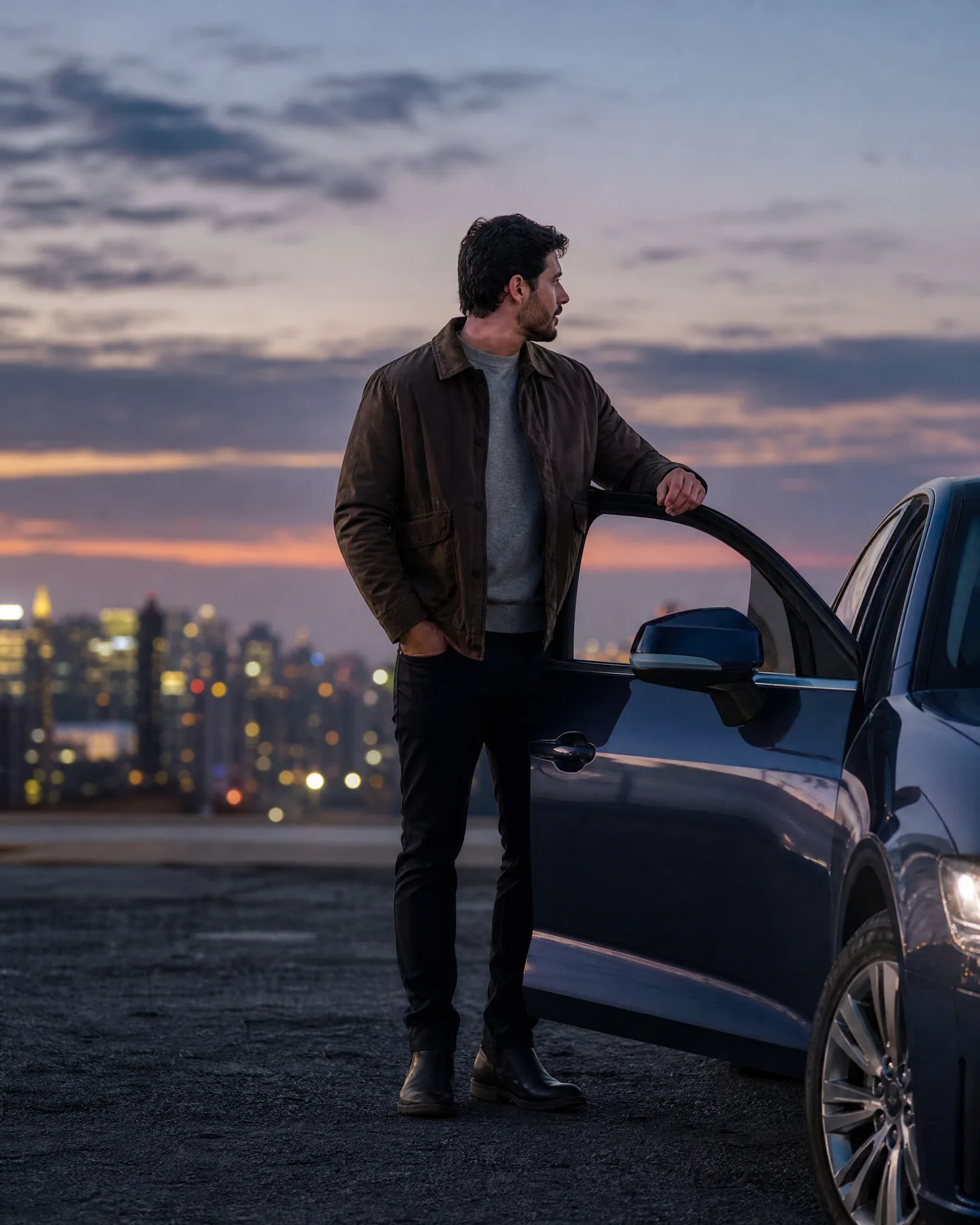 A man in a brown jacket, grey sweater, dark jeans and boots stands beside an open car door of a dark sedan at dusk, with a blurred city skyline behind him.