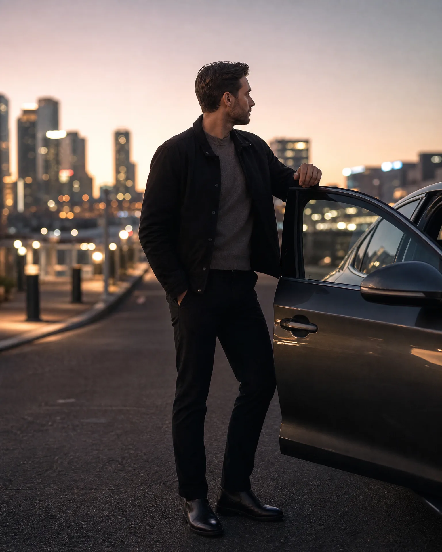 A man in a dark jacket, grey sweater and black trousers stands beside an open car door on pavement at dusk, with a blurred city skyline behind him.