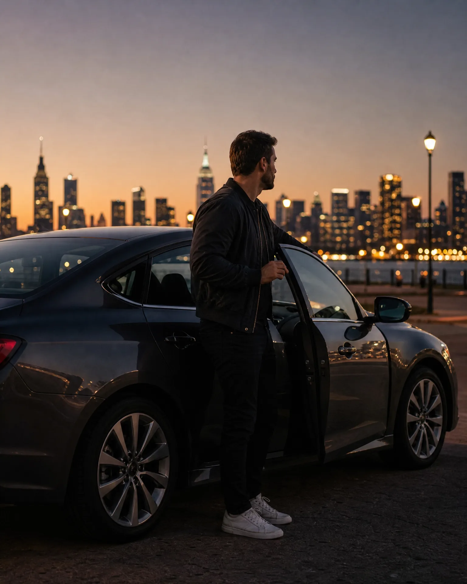 A man in a dark jacket and jeans stands beside an open door of a dark sedan at dusk, with a lit city skyline and a streetlamp across the water behind him.