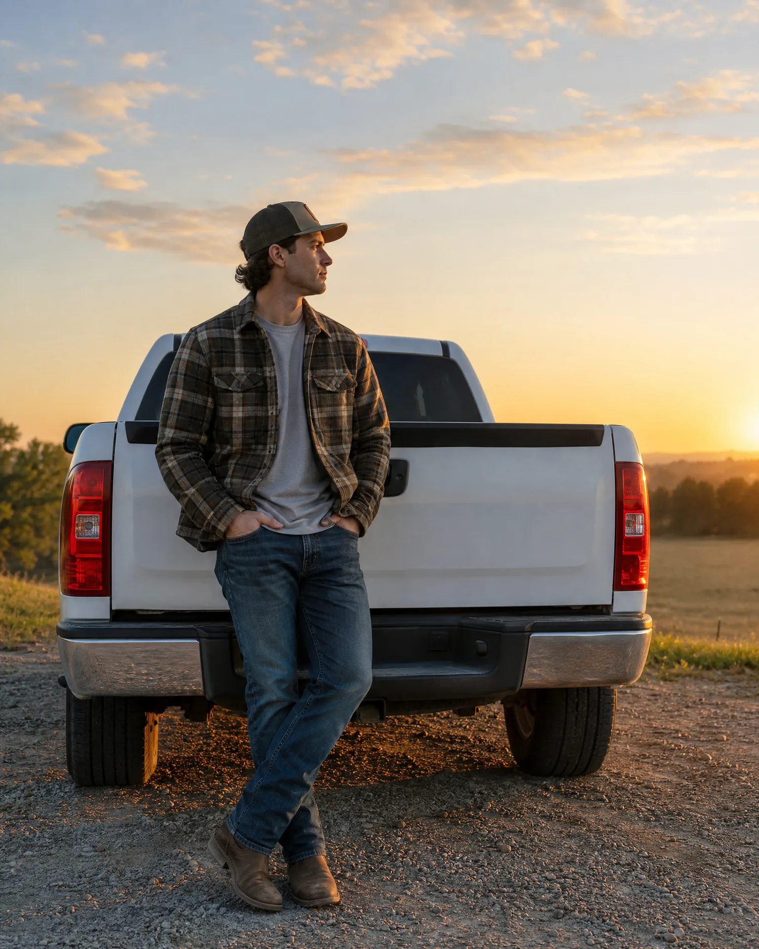 A man in a cap, plaid flannel shirt, jeans and boots leans against the tailgate of a white pickup truck on gravel at sunset.