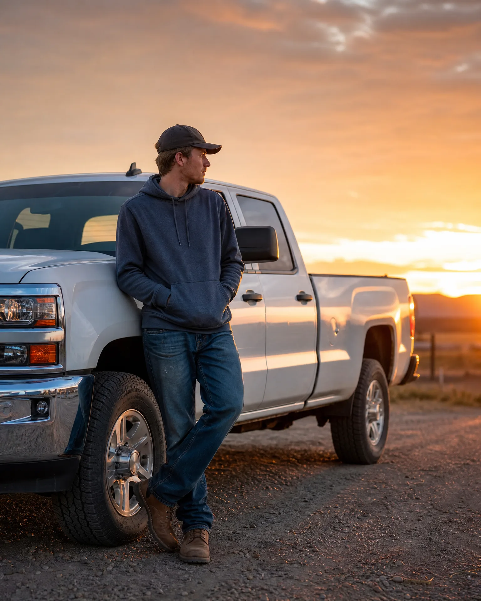 A man in a cap, dark hoodie and jeans leans against the front fender of a white pickup truck parked on gravel, with a low sun and distant hills behind.