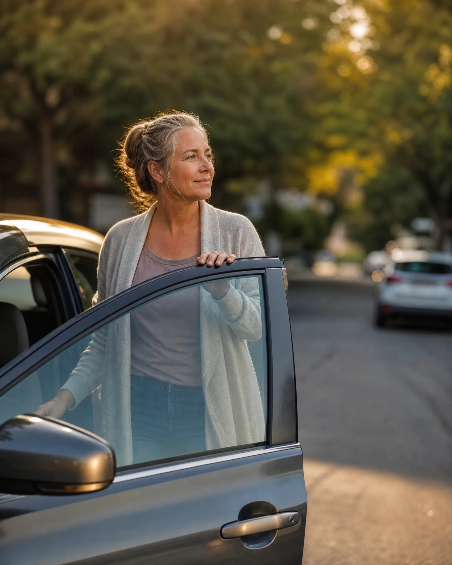A woman with gray hair in a bun, wearing a light cardigan and jeans, stands behind the open driver's door of a silver car on a tree-lined street, looking off to the side.