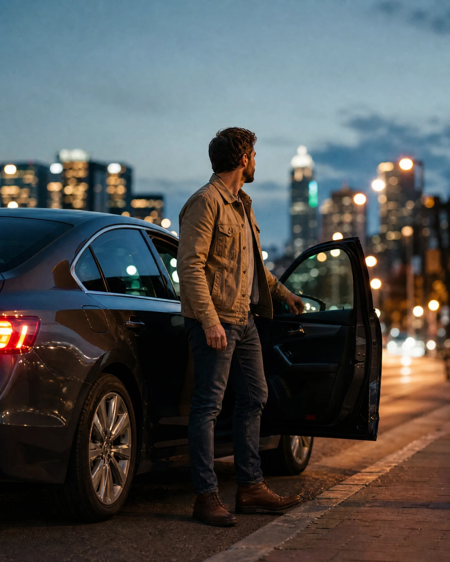 A man in a tan jacket and jeans stands beside a dark sedan with the rear door open on a street at dusk, with a blurred city skyline behind.