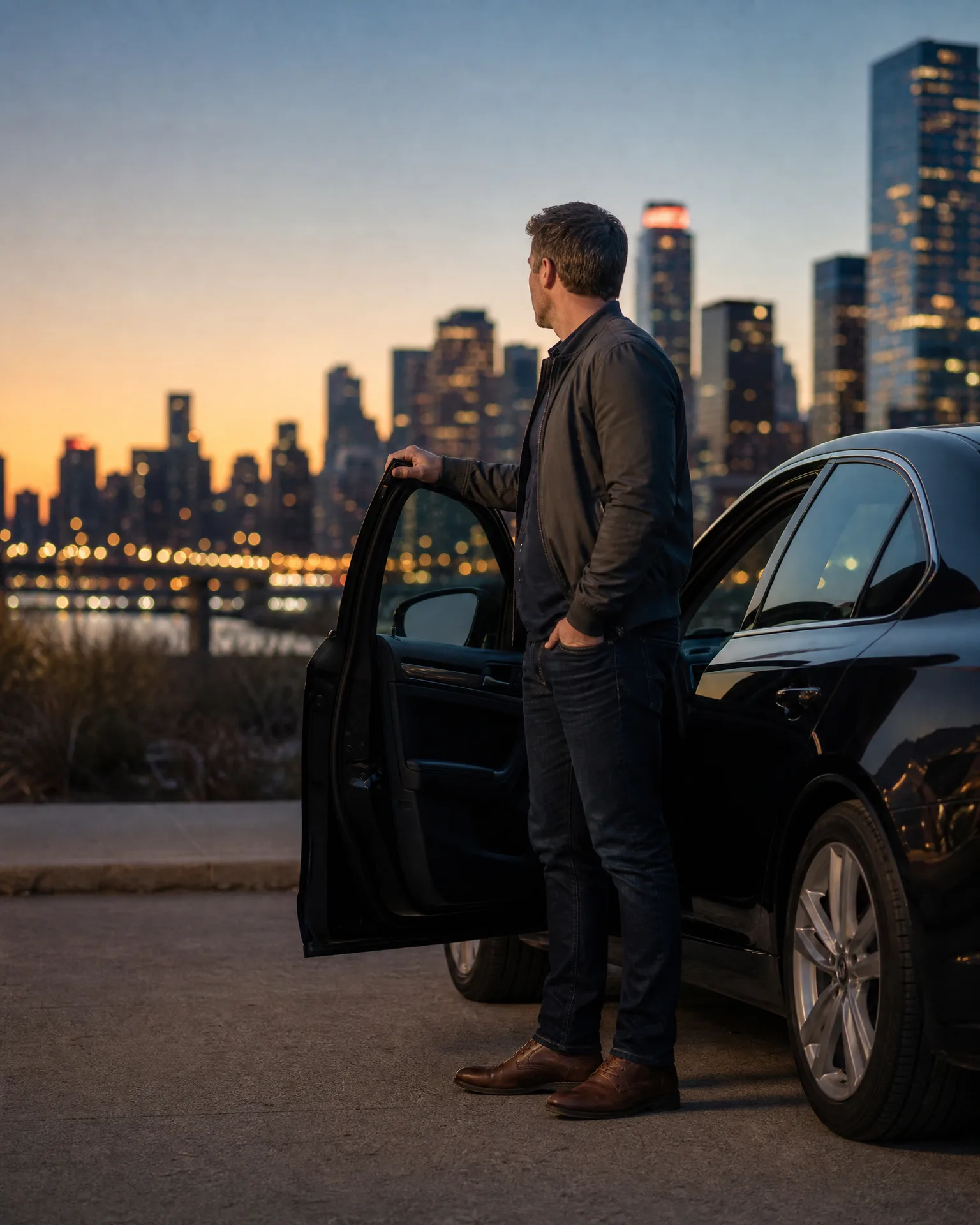 A man in a dark jacket and jeans stands holding the open driver's door of a black sedan on a paved area, looking toward a city skyline at dusk across water.