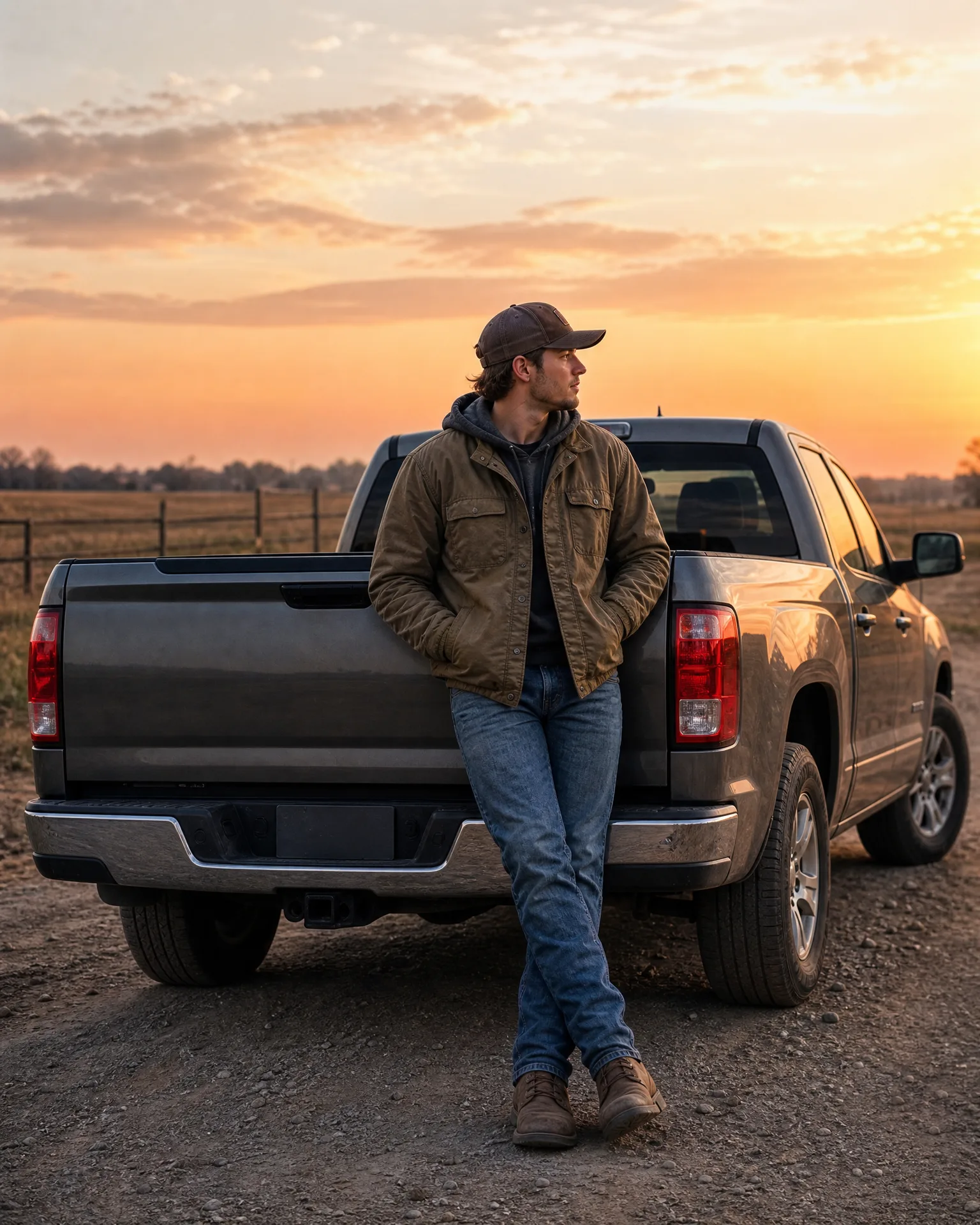 A man in a cap, brown jacket and jeans leans against the tailgate of a pickup truck on a dirt road at sunset, with flat fields and a fence behind.