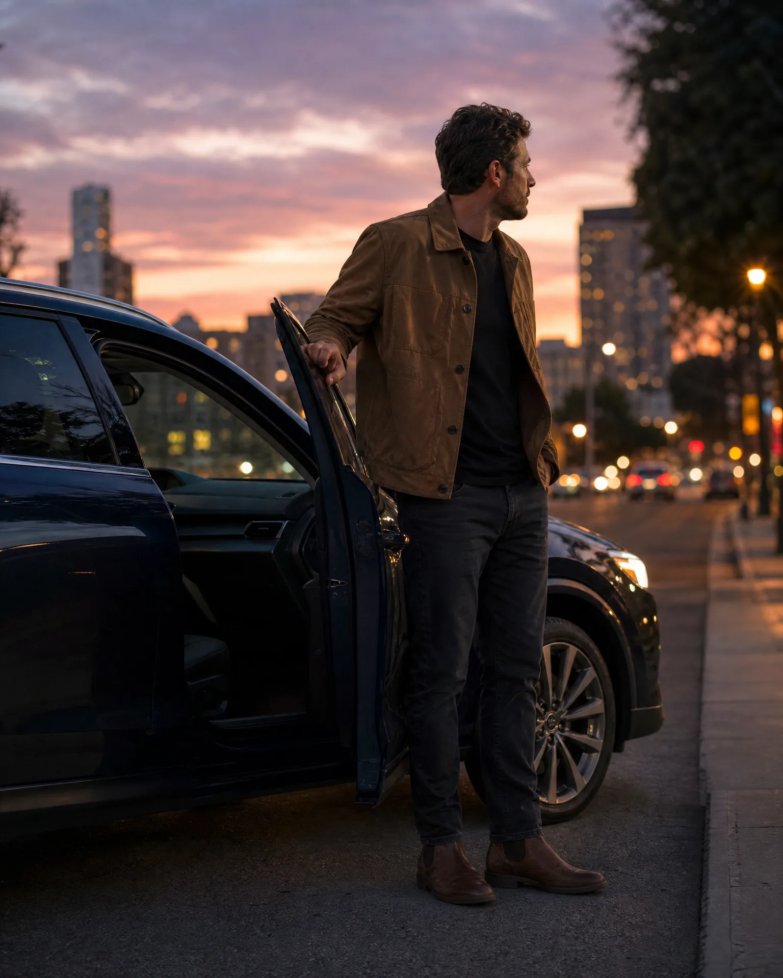 A man in a tan jacket, dark shirt, dark jeans and brown boots stands beside an open door of a dark SUV on a city street at dusk, looking to his right, with blurred buildings and traffic lights behind him.