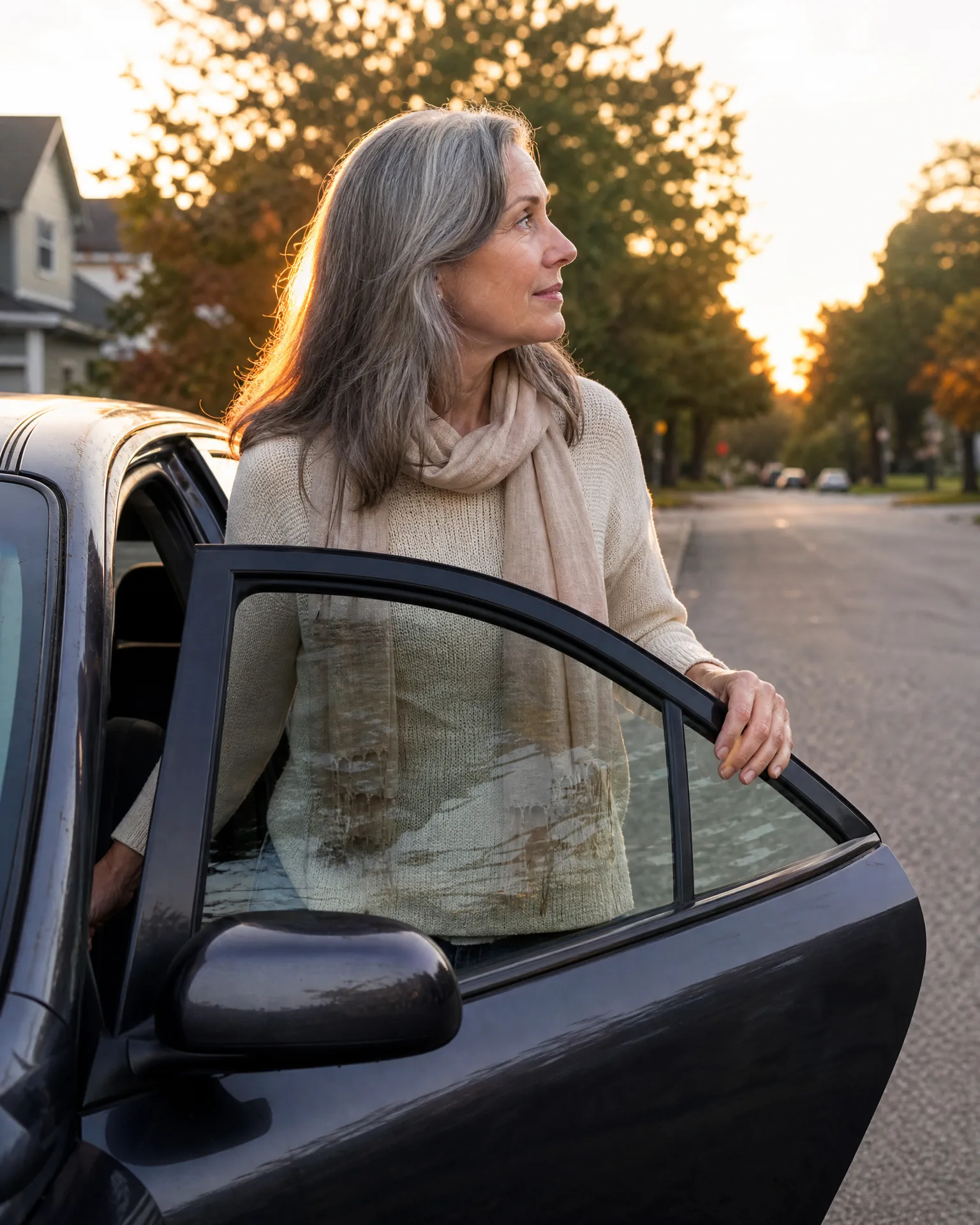 A woman with long gray hair wearing a cream sweater and scarf stands behind an open car door on a tree-lined residential street at sunset.