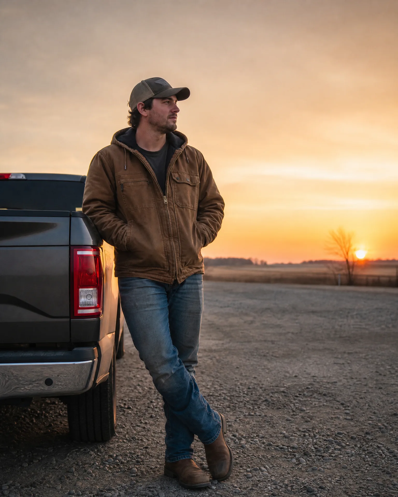 A man in a cap, tan hooded jacket, jeans and brown boots leans against the rear of a dark pickup truck on gravel at sunset, with a bare tree and flat open land in the background.