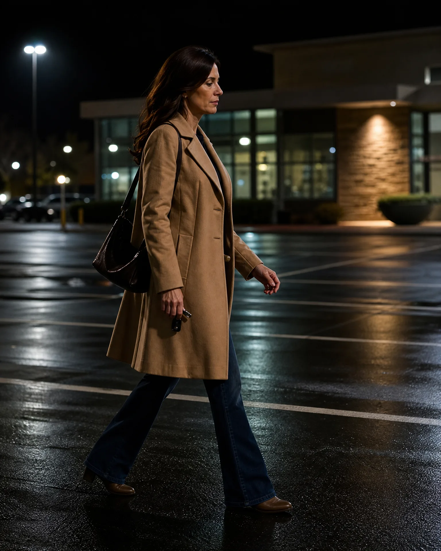 A woman in a camel coat, jeans and a shoulder bag walks across a wet, empty parking lot at night in front of a lit commercial building.
