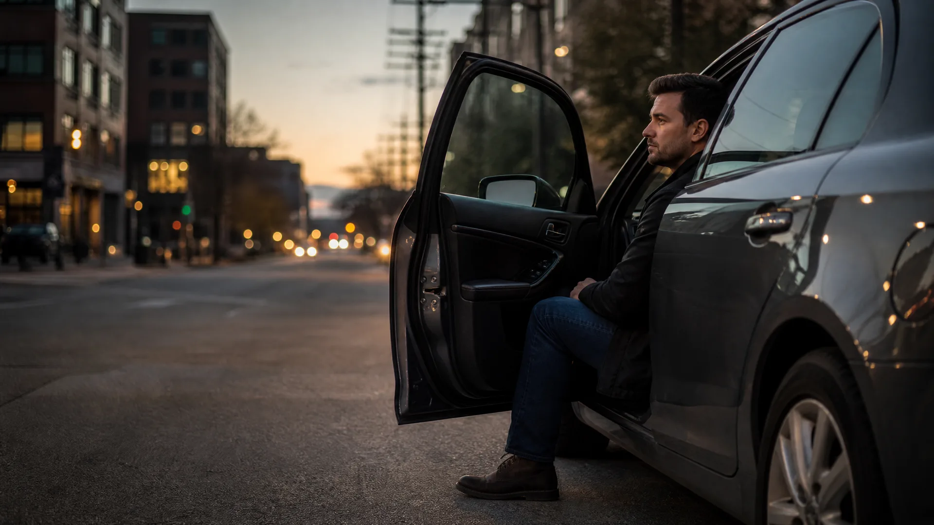 A man in a dark jacket and jeans sits sideways in the open driver's doorway of a dark sedan parked on a city street at dusk, with blurred buildings and lights behind him.