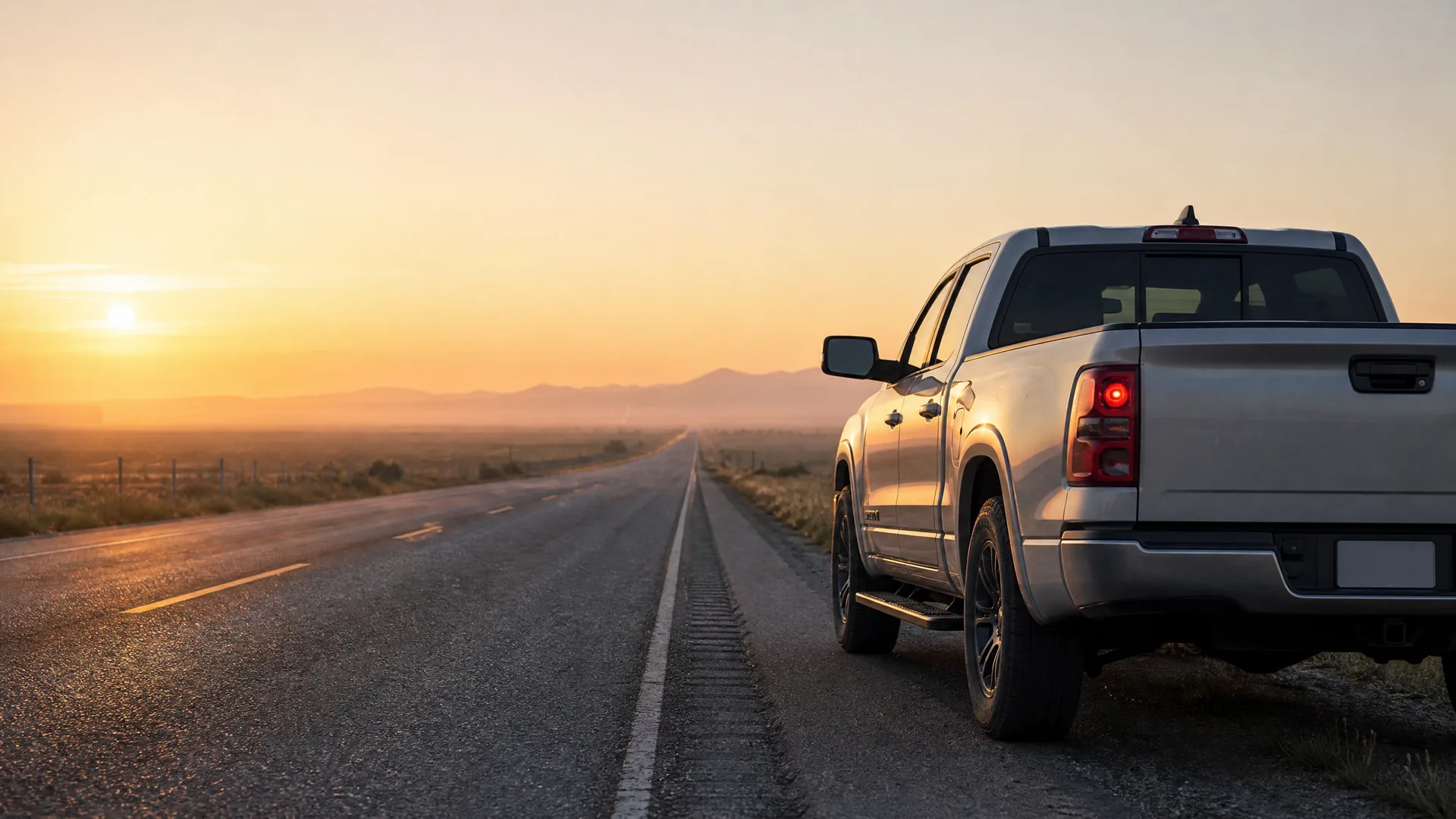 A silver crew-cab pickup truck parked on the shoulder of a straight two-lane road at sunrise or sunset, with dry scrub, a fence line and distant hills under a hazy orange sky.