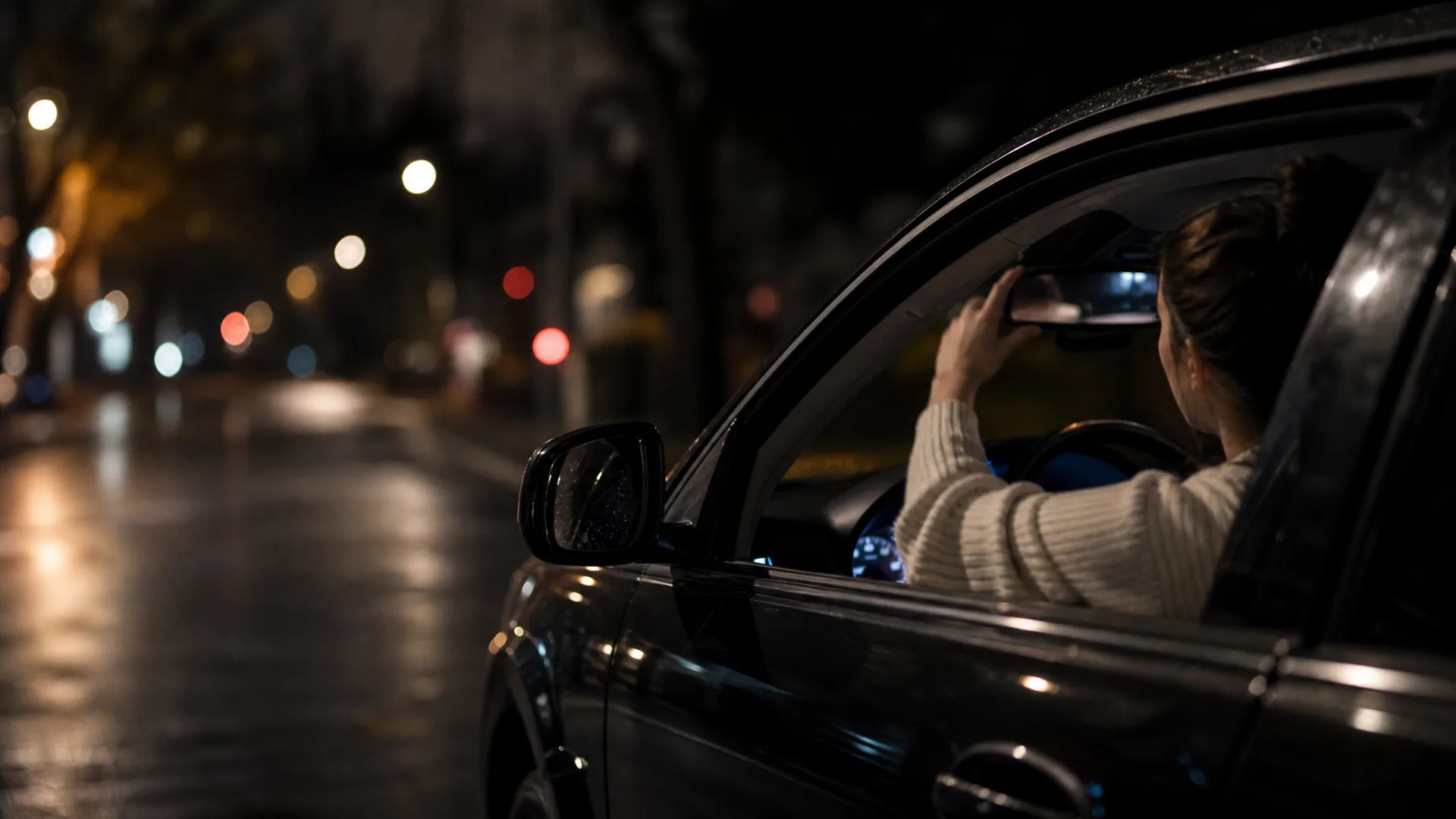 A woman seated in the driver's seat of a car at night adjusts the rearview mirror, seen from outside through the open window, with a wet street and blurred lights in the background.