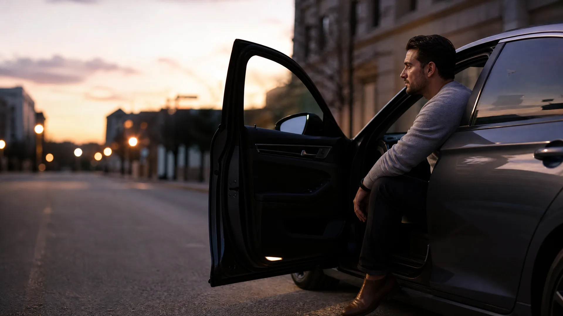 A man in a light sweater and dark pants sits sideways in the open driver's doorway of a dark sedan parked on a city street at dusk, looking ahead as streetlights glow along the road.