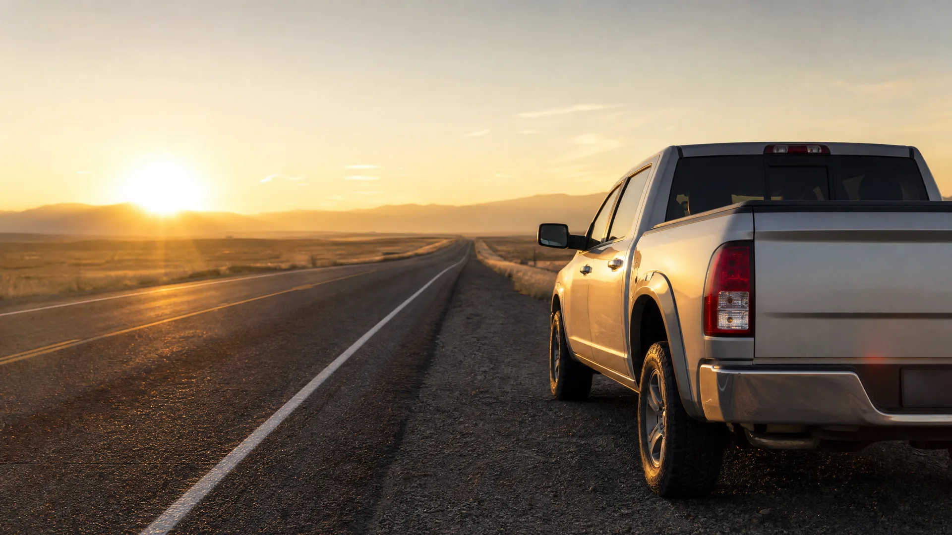 A silver crew-cab pickup truck parked on the gravel shoulder of a two-lane road running through flat dry terrain, with low mountains and a setting sun on the horizon.
