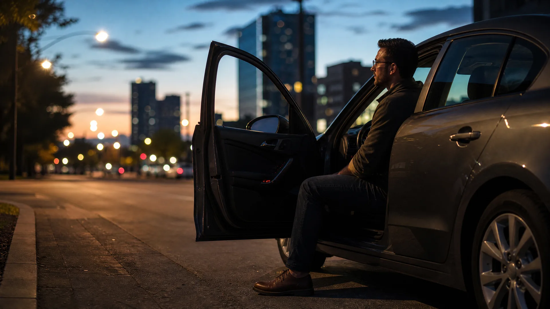 A man in a dark jacket and jeans sits sideways in the open driver's doorway of a parked car at dusk, with blurred city buildings and street lights in the background.