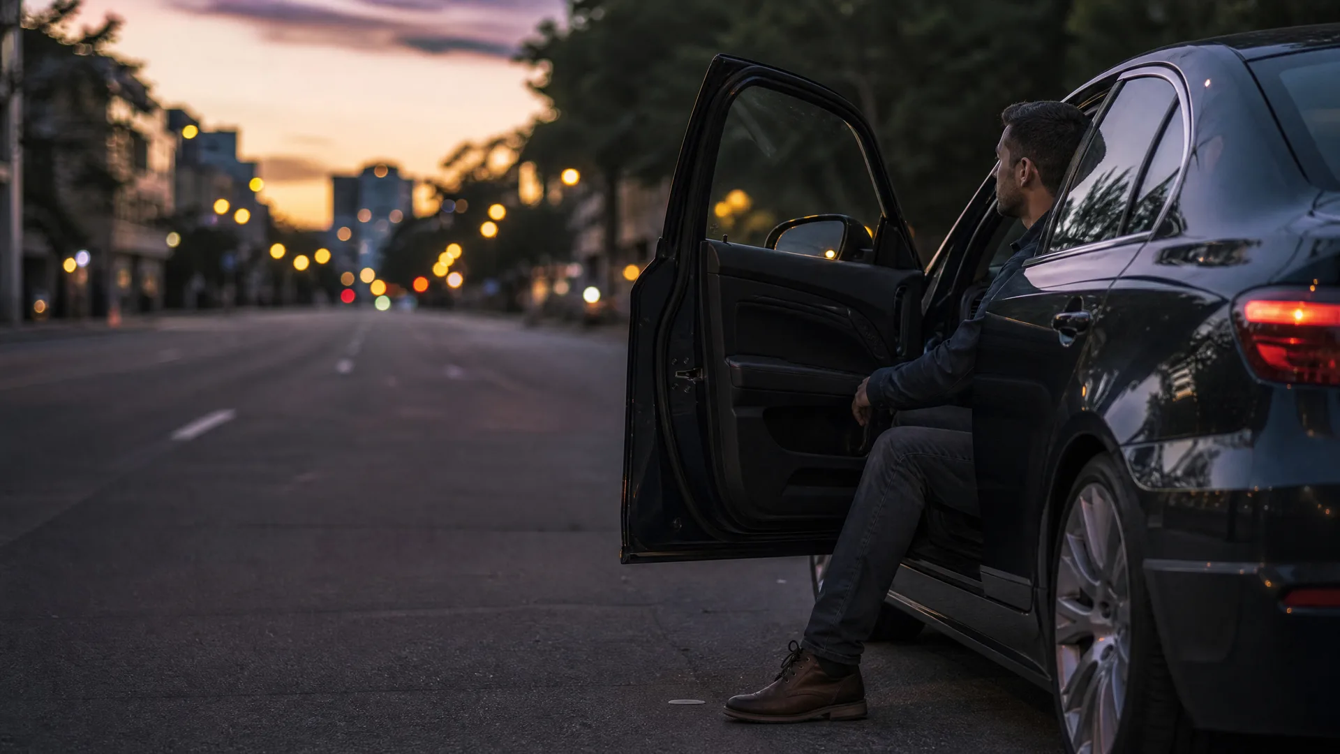 A man sits sideways in the open rear doorway of a dark sedan parked on a city street at dusk, with blurred streetlights along the road behind him.