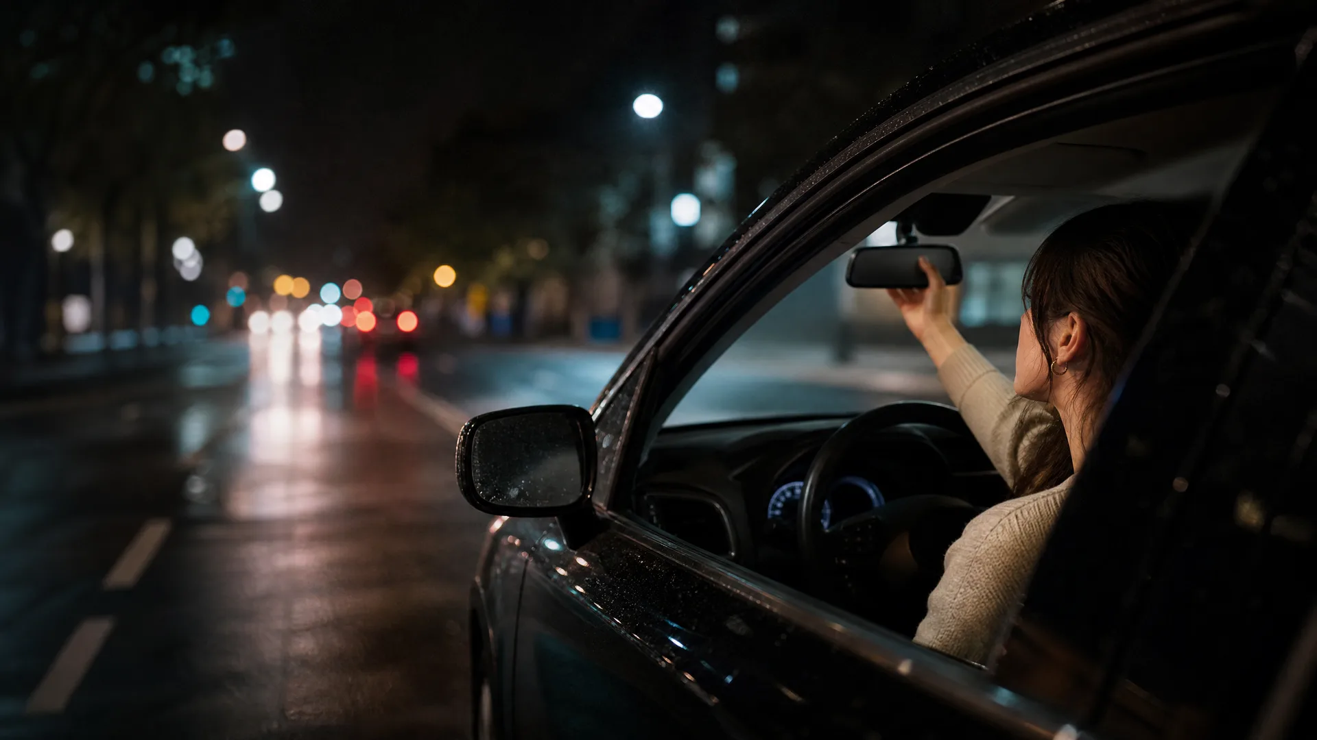 A woman sitting in the driver's seat of a car at night reaches up to adjust the rearview mirror, seen through the open passenger-side window, with a wet street and blurred lights in the background.