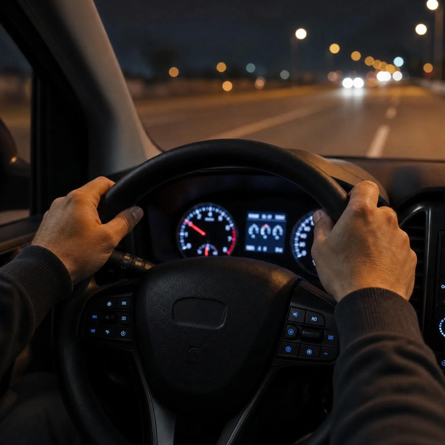 Interior view from the driver's seat at night, with two hands gripping a steering wheel, an illuminated instrument cluster, and a road with distant vehicle and street lights through the windshield.
