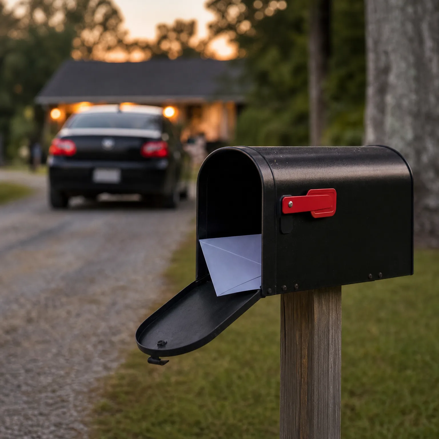 An open black mailbox with a raised red flag on a wooden post, holding a white envelope, with a dark car parked under a carport of a house blurred in the background at dusk.