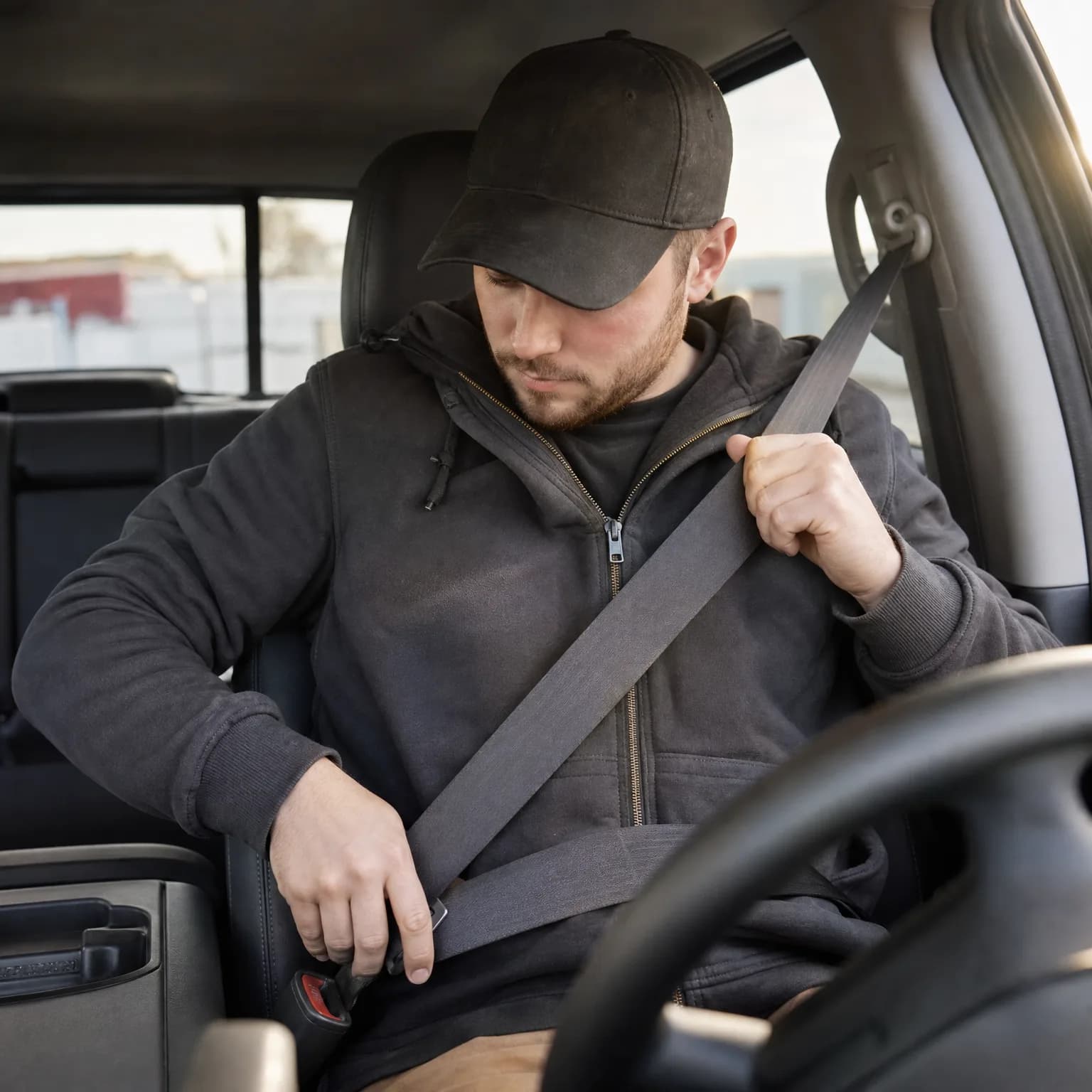 A bearded man in a dark cap and hooded sweatshirt sits in a vehicle's driver seat, pulling the seat belt across his chest toward the buckle.