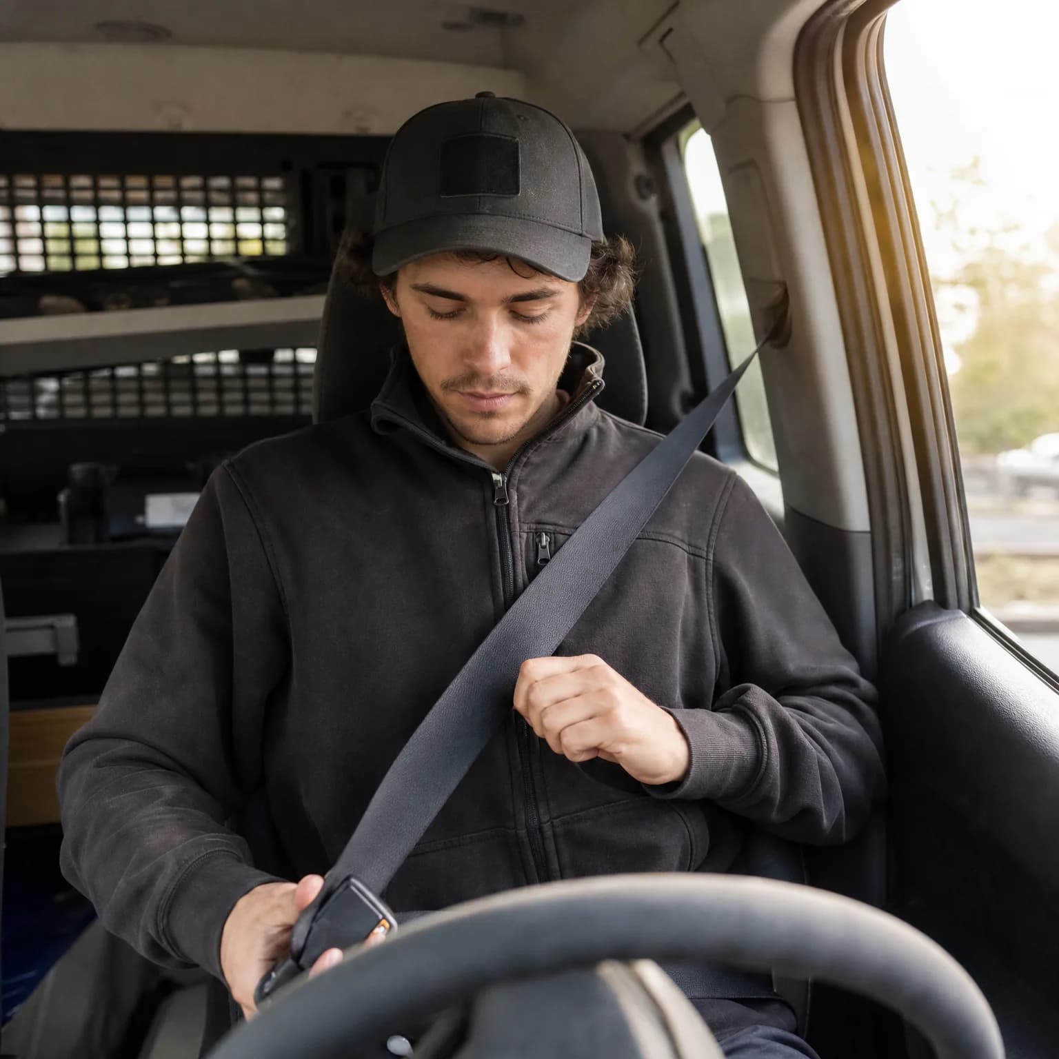 A man in a black cap and dark fleece jacket sits in a vehicle's driver seat, fastening his seat belt, with a steering wheel in the foreground and blurred trees visible through the side window.