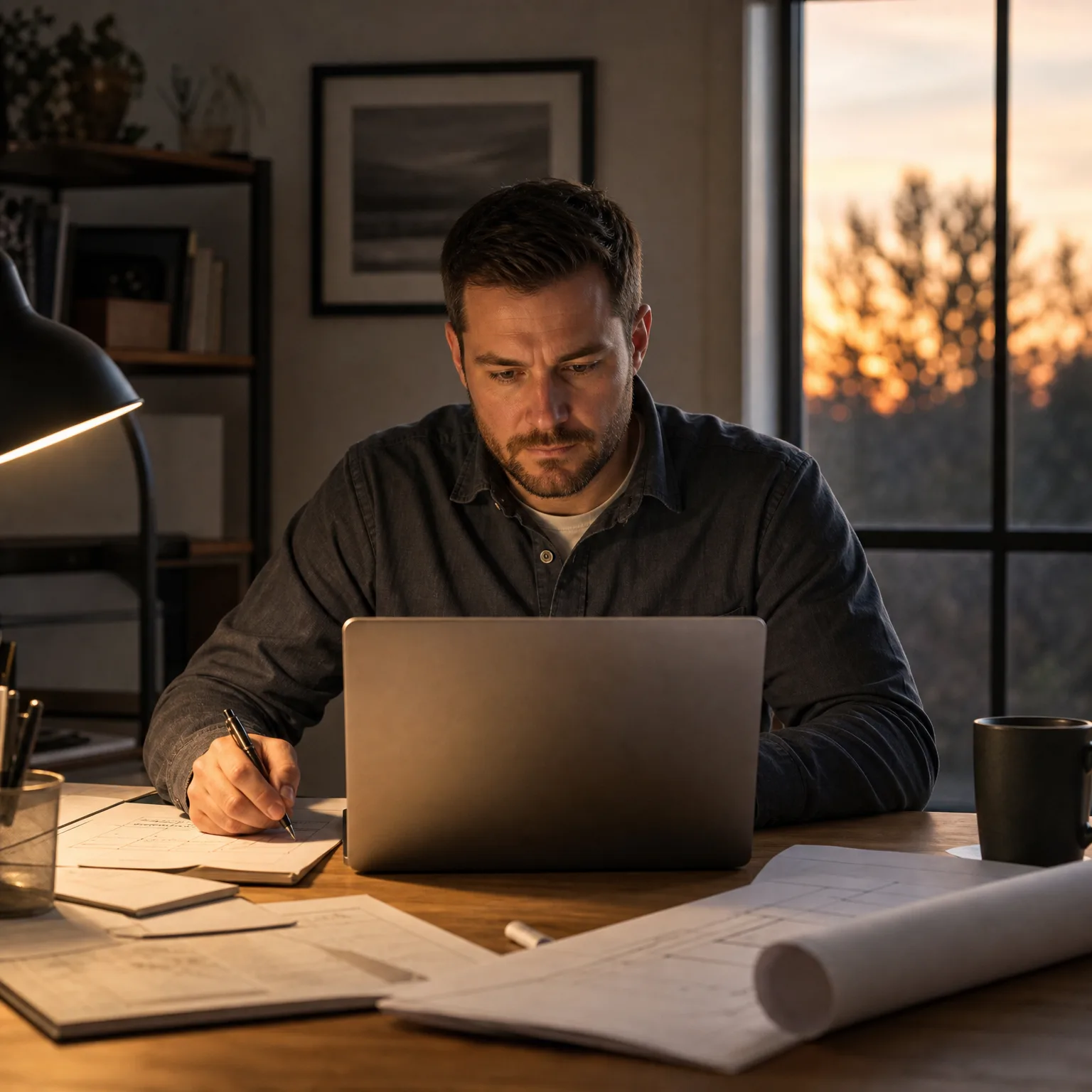 A man in a dark button-up shirt sits at a wooden desk writing on a notepad beside an open laptop, with rolled drawings, papers, a mug and a desk lamp around him and a window showing a sunset sky behind.