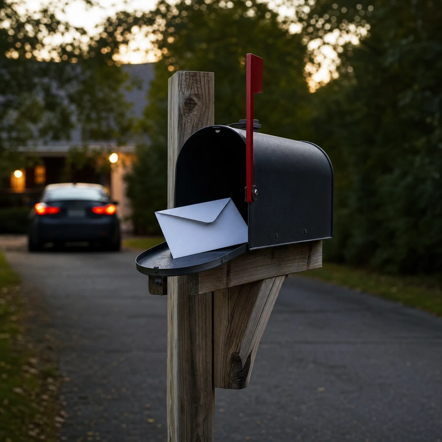 An open black mailbox on a weathered wooden post holds a white envelope on its lowered door, with the red flag raised, while a dark car with lit tail lights sits in a driveway in the blurred background at dusk.