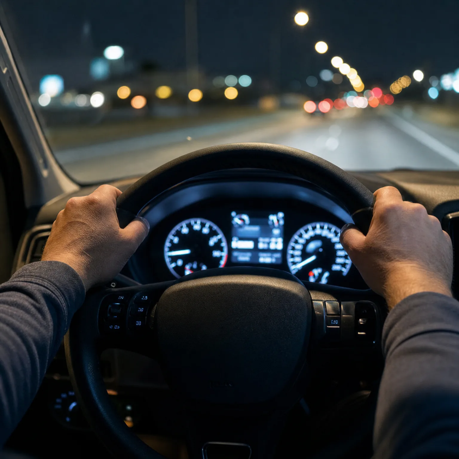 Driver's-eye view from inside a car at night, with two hands gripping the steering wheel, an illuminated instrument cluster behind it, and blurred road and street lights through the windshield.
