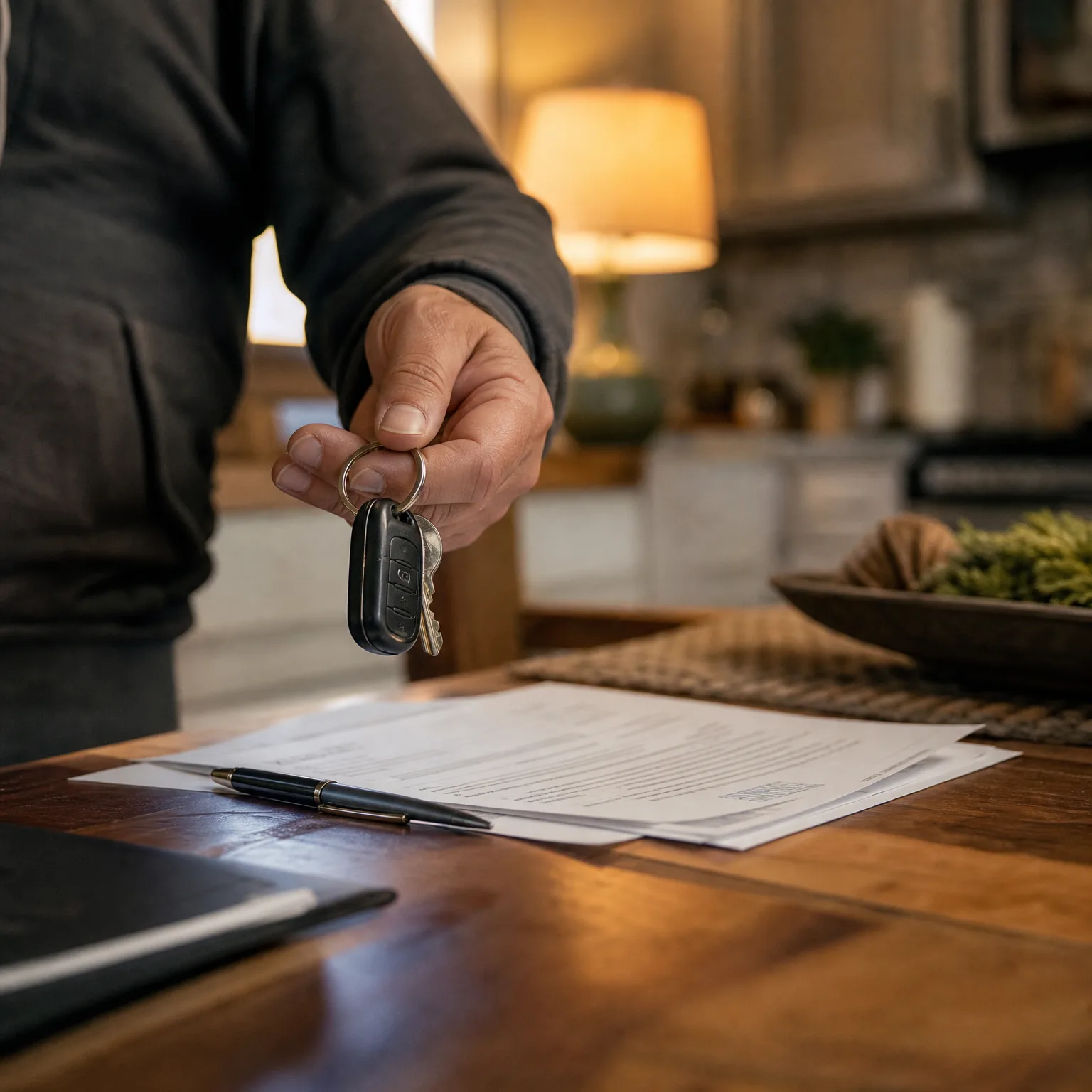 A person in a dark sweater holds out a key fob and key on a ring over a wooden table that holds printed documents and a black pen, with a blurred lit lamp and kitchen interior behind.