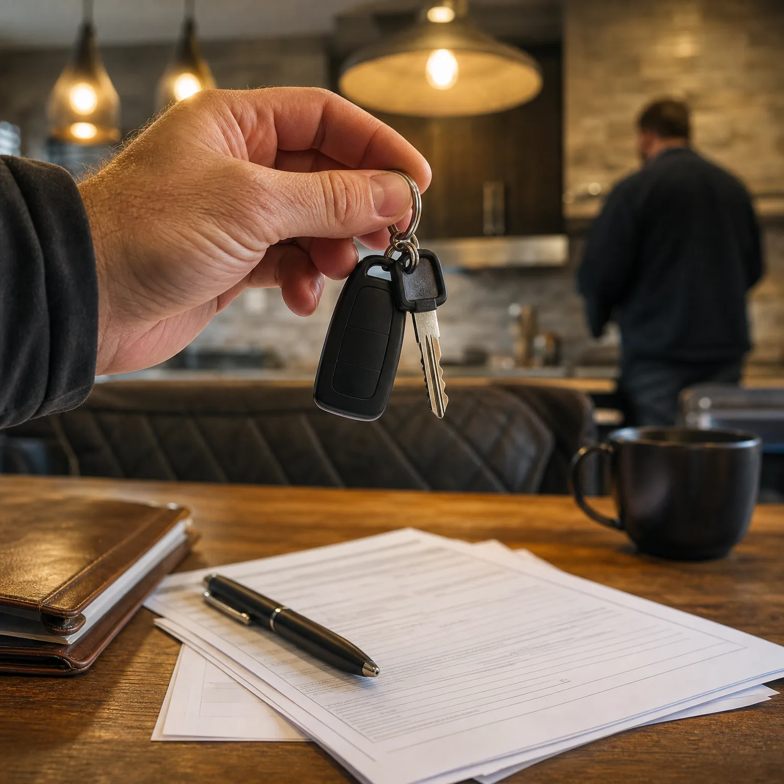 A hand holds a car key fob and key above a wooden table with printed forms, a pen, a leather folder and a dark mug, with a blurred person standing in a kitchen behind.
