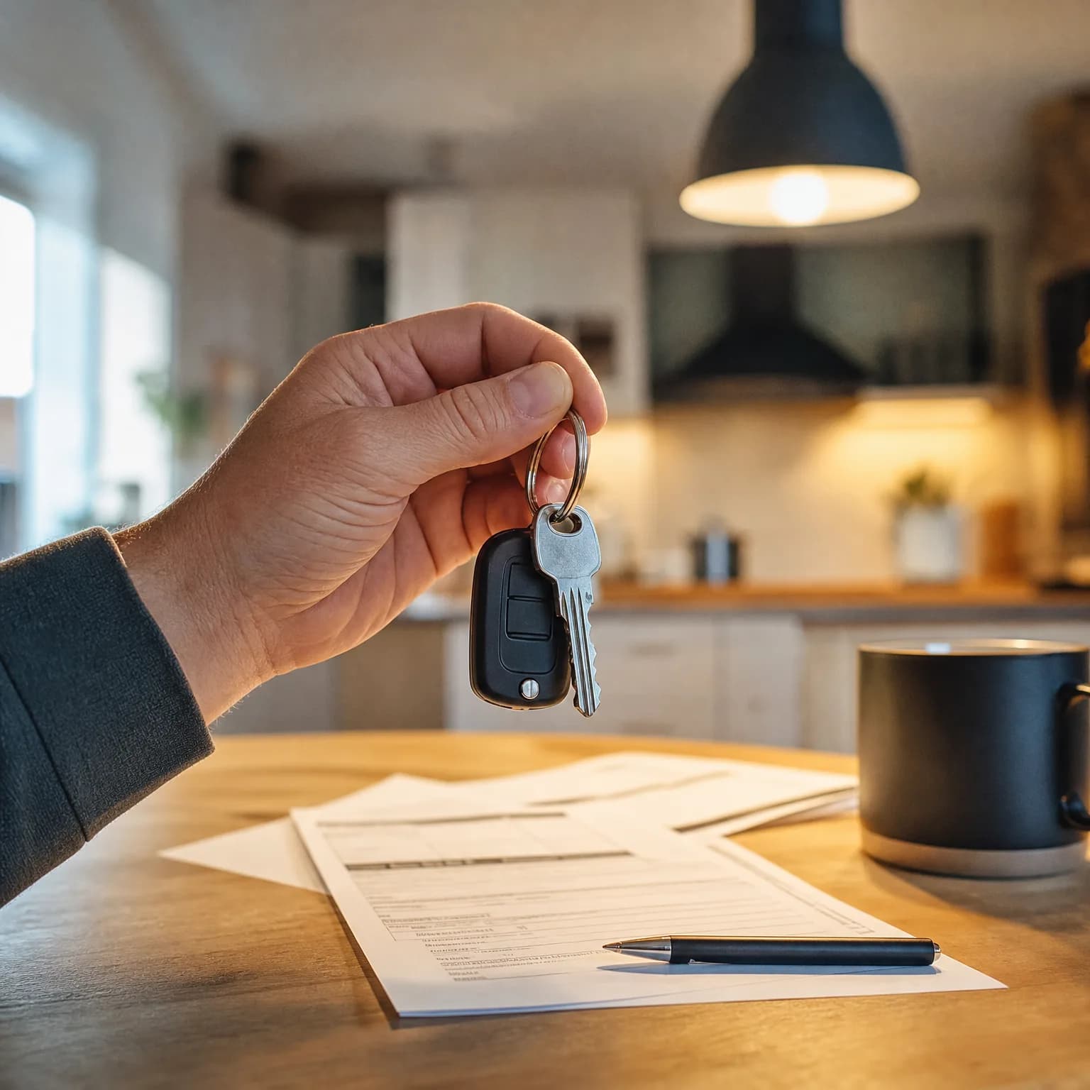 A hand holds a key and black fob over a wooden table with printed forms, a pen, and a dark mug, in a blurred kitchen interior.