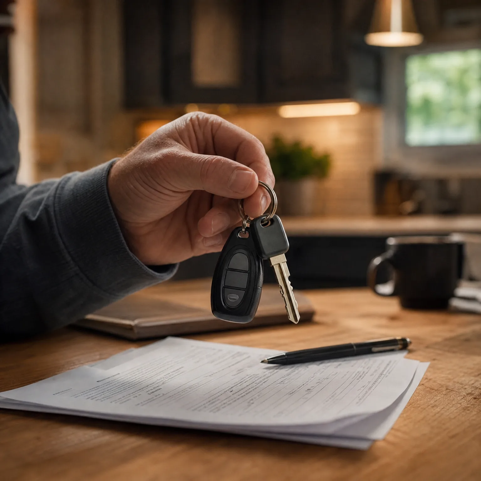 A hand holds a key ring with a car key and fob above a wooden table holding printed documents and a pen, with a blurred kitchen interior behind.