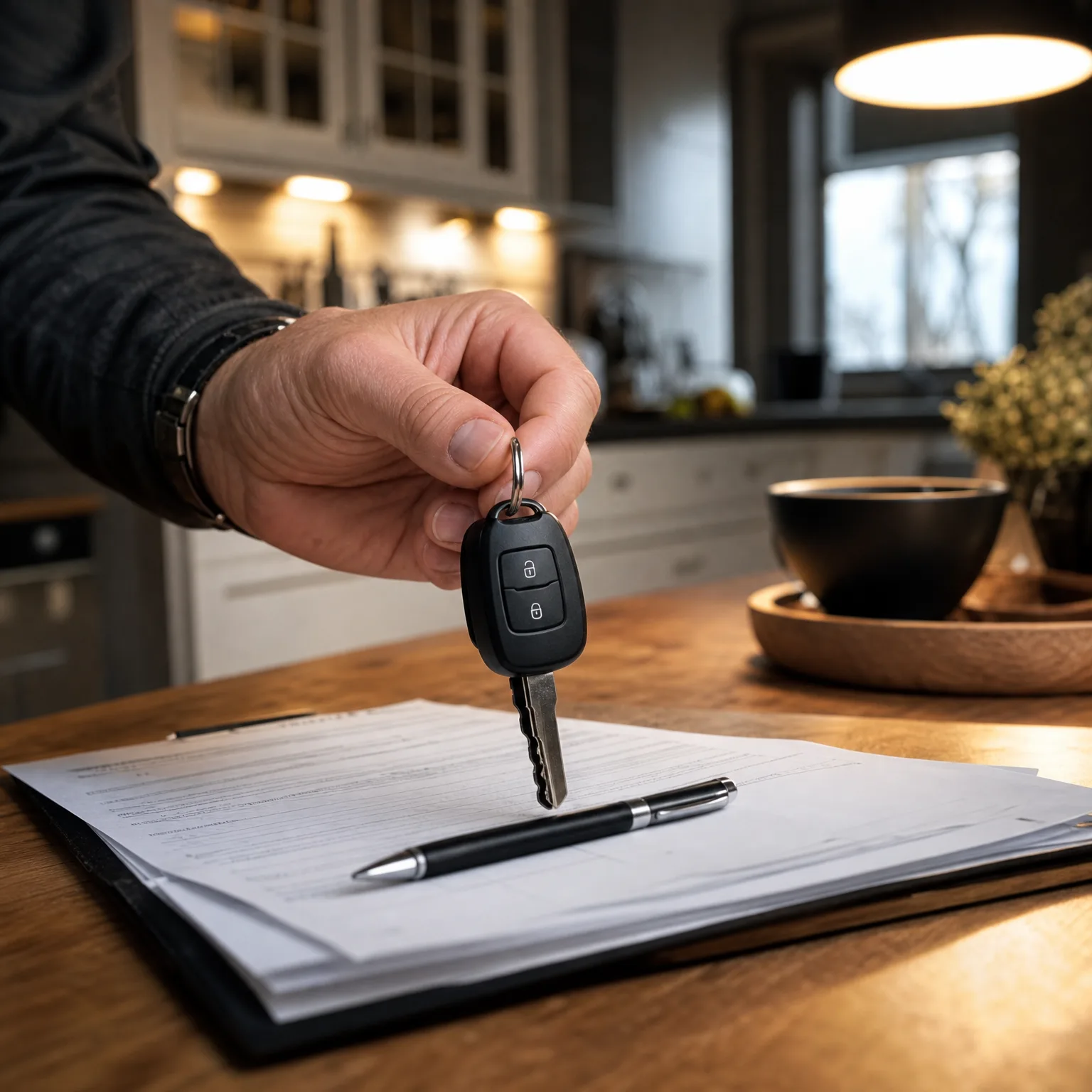 A hand holds a black remote car key over a wooden table where printed documents and a pen rest on a dark folder, with a blurred kitchen and a bowl in the background.