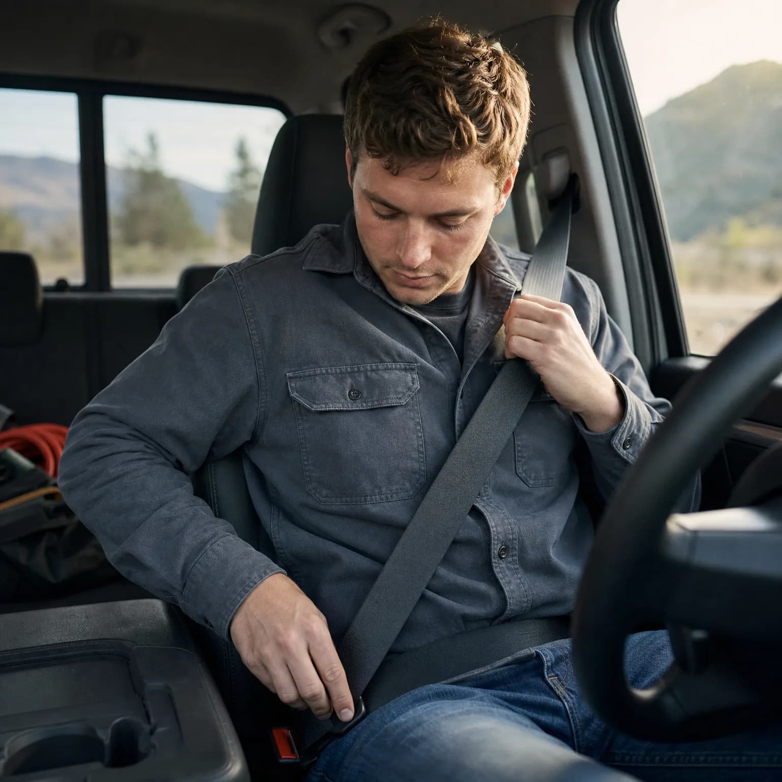 A man in a gray button-up shirt sits in the driver's seat of a vehicle, pulling the seat belt across his chest toward the buckle, with hills visible through the windows.