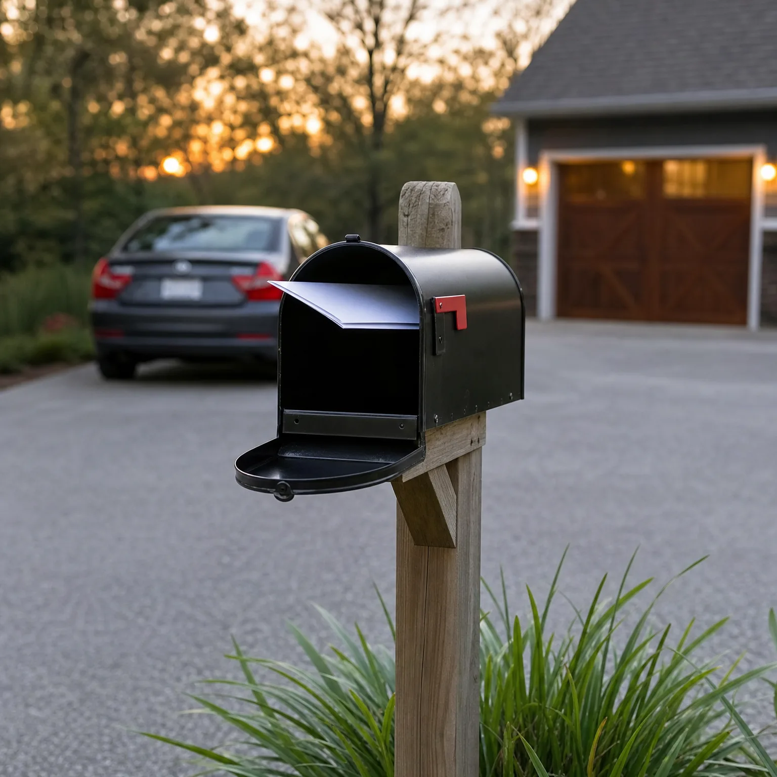 An open black mailbox with a raised red flag on a weathered wooden post, with ornamental grass below, a paved driveway, a parked dark sedan and a house with a wooden garage door blurred in the background at dusk.