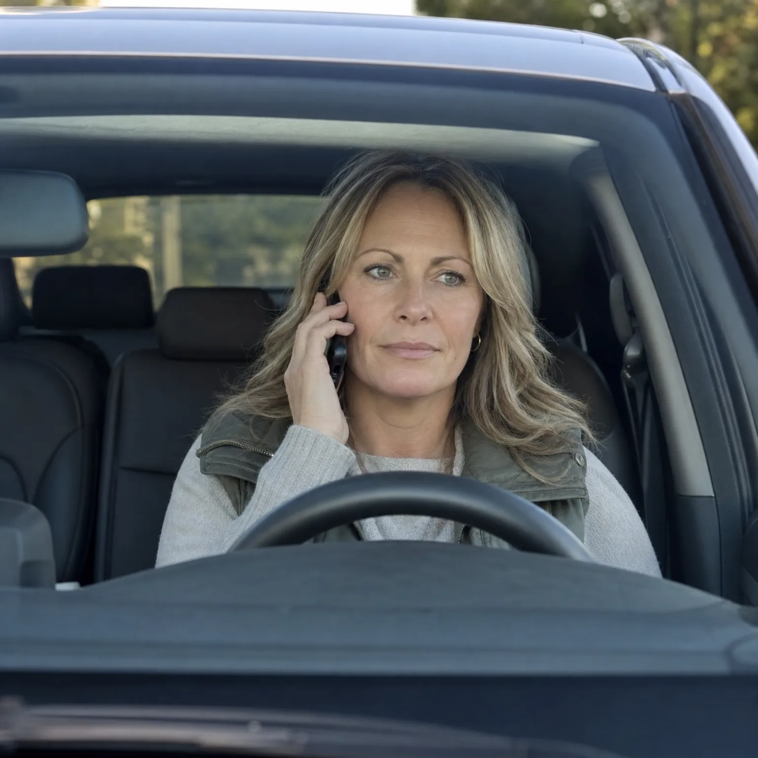 A woman with long blonde hair sits in the driver's seat of a car, holding a phone to her ear and looking ahead through the windshield.