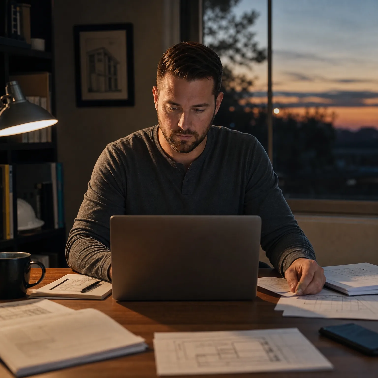 A bearded man in a gray long-sleeve shirt sits at a wooden desk with an open laptop, papers with drawings, a notepad, and a mug, with a desk lamp and bookshelf at left and a window showing dusk sky at right.