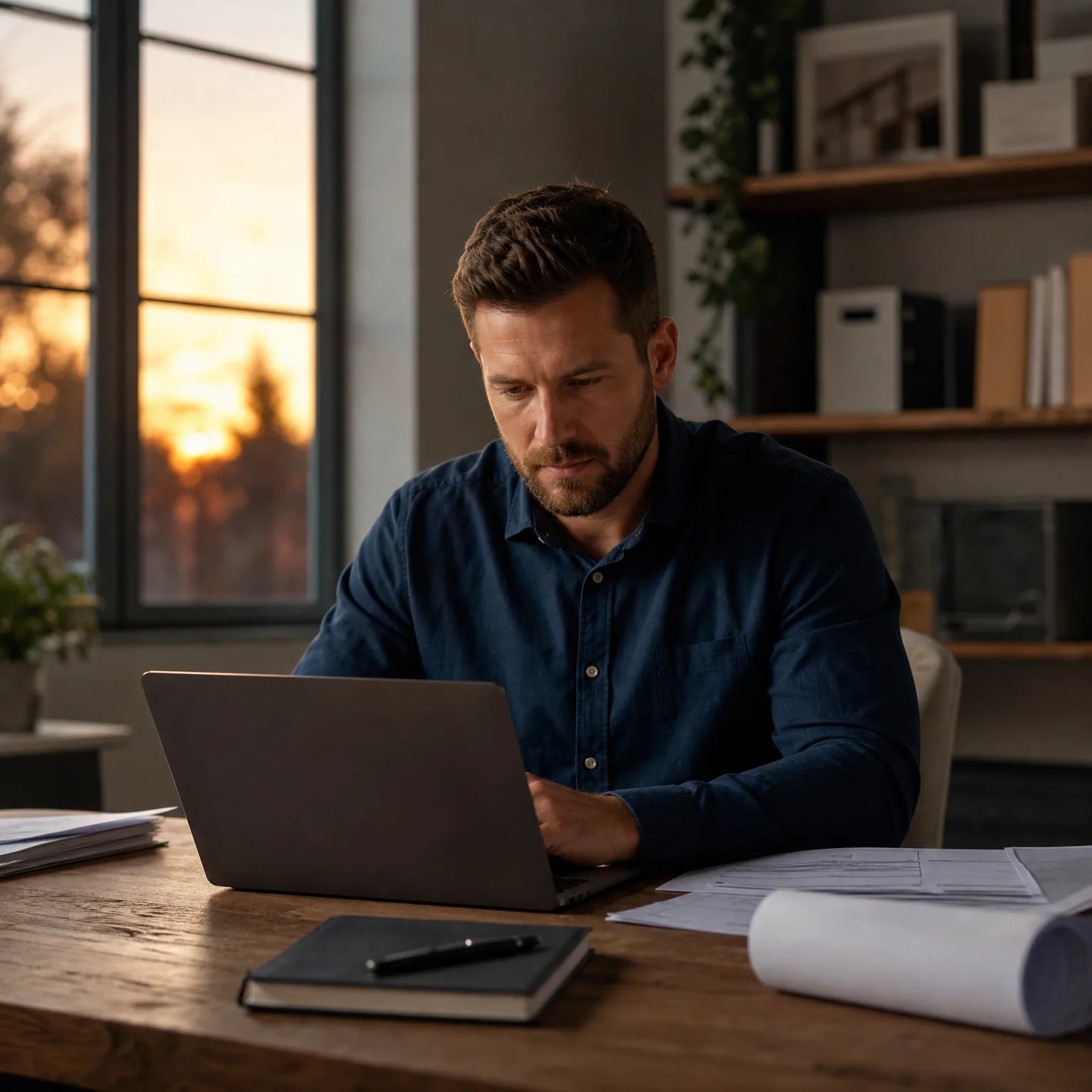 A man in a dark blue button-up shirt sits at a wooden desk using a laptop, with a notebook, pen, and loose papers nearby and a sunset visible through a large window behind him.