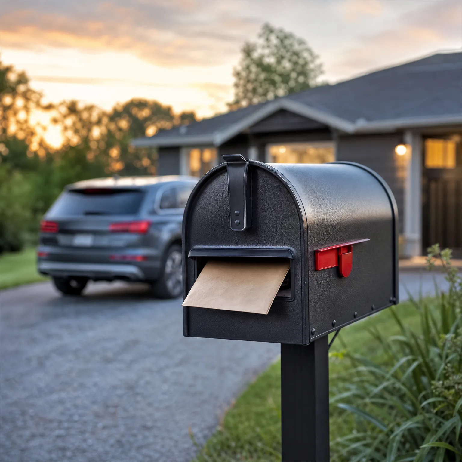 A black mailbox on a post with its door open and a brown envelope inside, with a gray SUV parked in a driveway and a house blurred in the background at dusk.