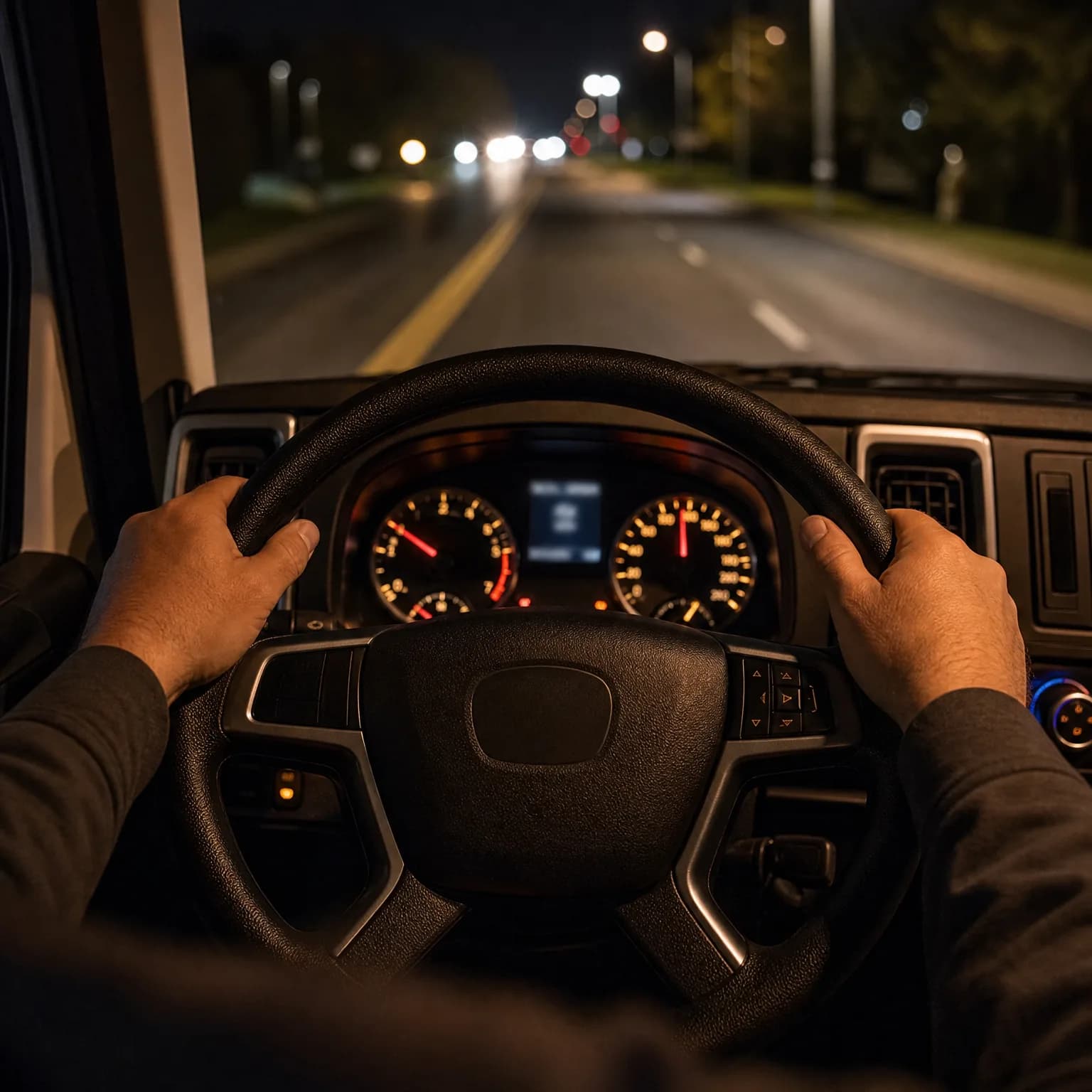 Driver's-eye view from inside a vehicle at night, with two hands on the steering wheel, illuminated gauges on the dashboard, and a dark road with distant lights ahead.
