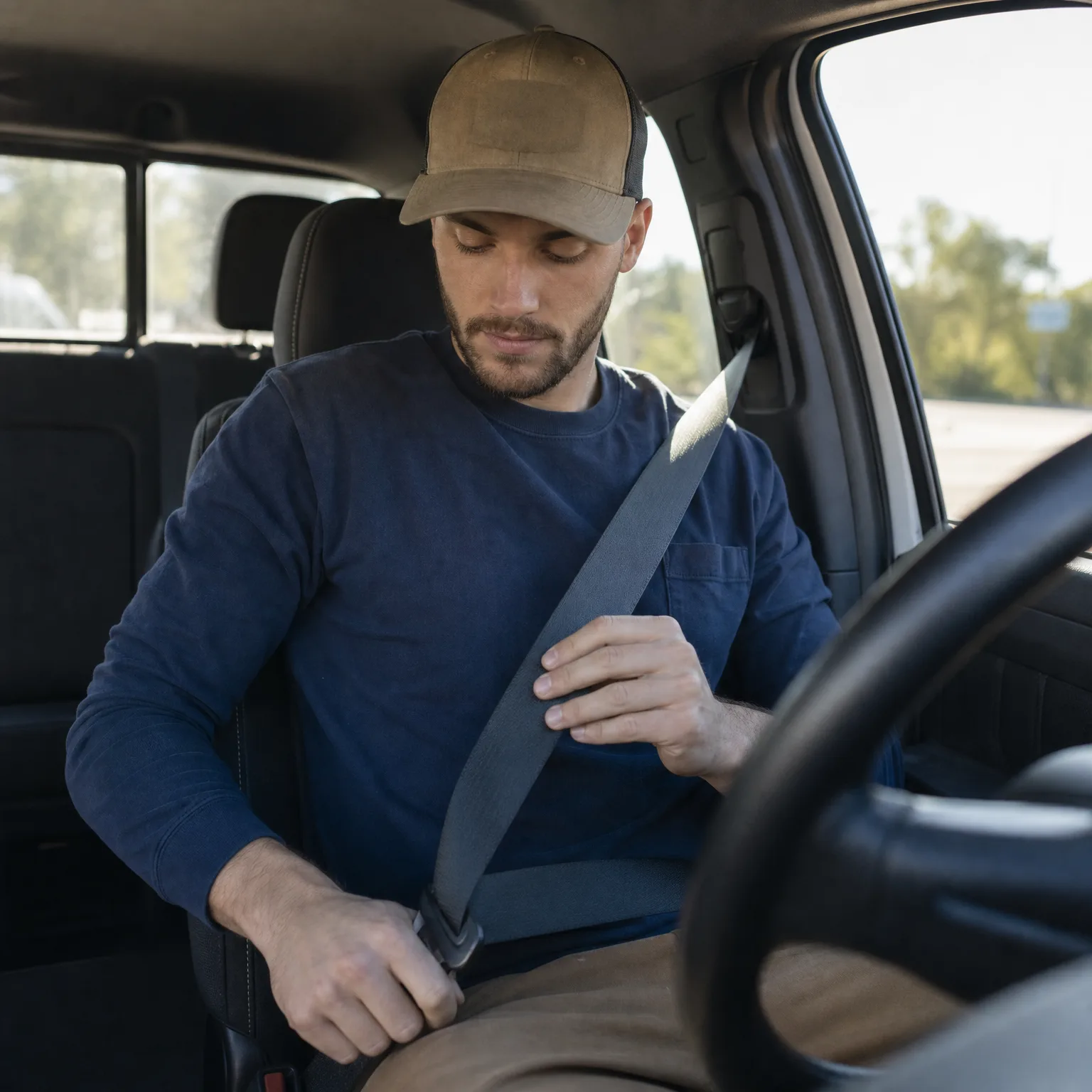 A bearded man in a brown cap and navy sweatshirt sits in a vehicle's driver seat, fastening his seat belt, with a steering wheel in the foreground and trees visible through the window.