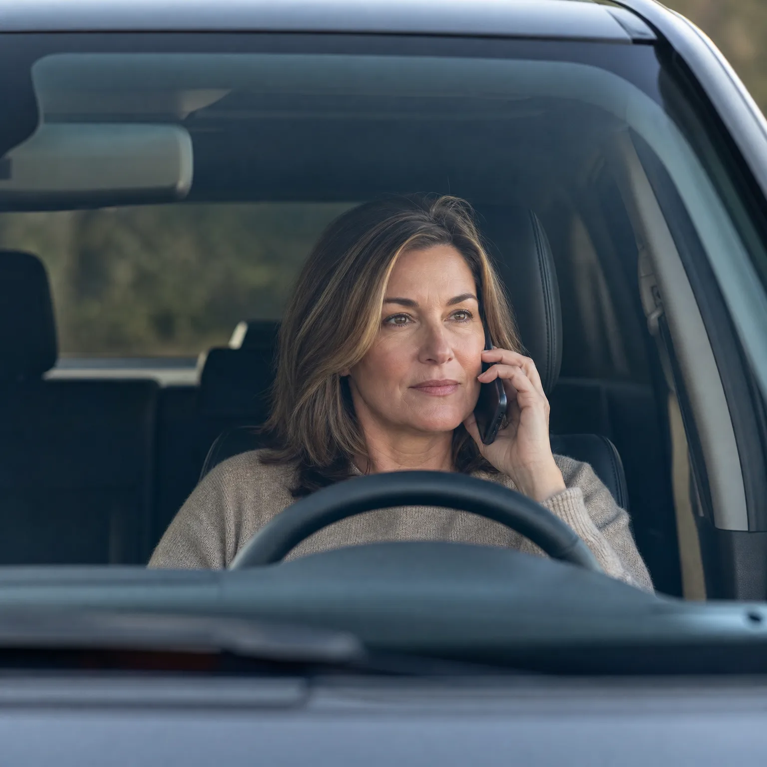A woman with shoulder-length brown hair sits in a vehicle's driver seat behind the steering wheel, holding a phone to her ear, seen through the windshield.