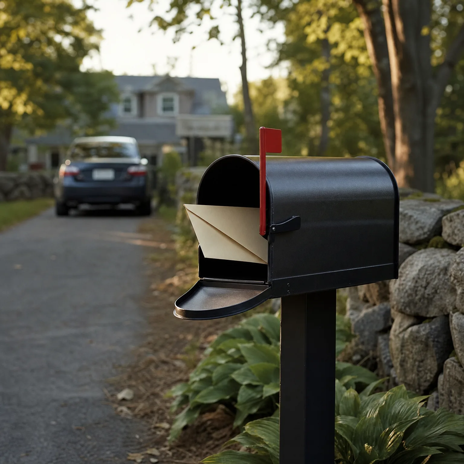 An open black mailbox with raised red flag holds cream envelopes, mounted on a post beside a stone wall and leafy plants, with a parked car and house blurred in the background.