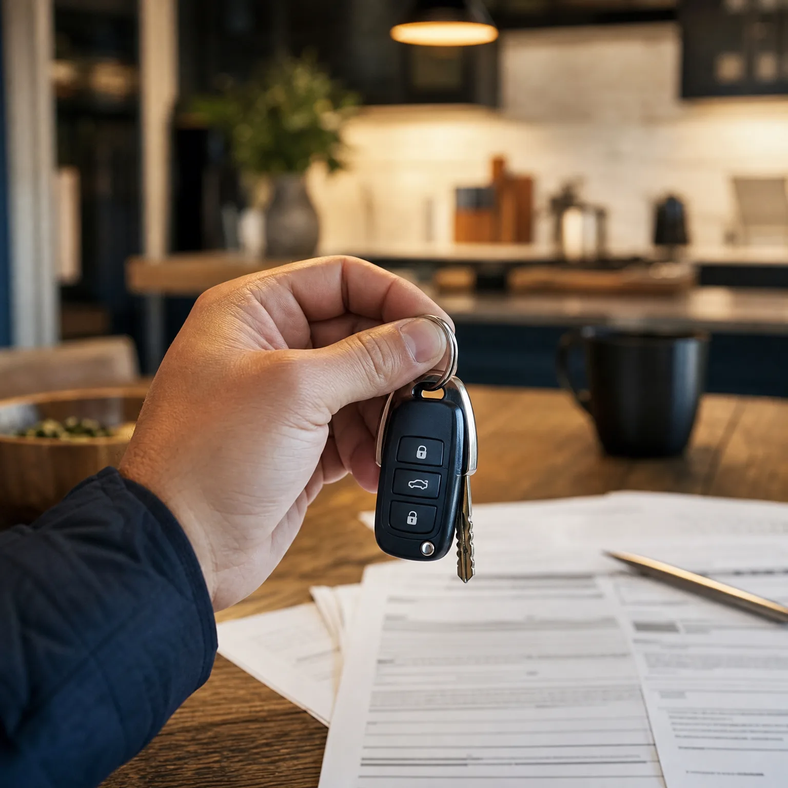 A hand holds a black three-button car key fob over a wooden table covered with printed documents and a pen, with a blurred kitchen and dark mug in the background.