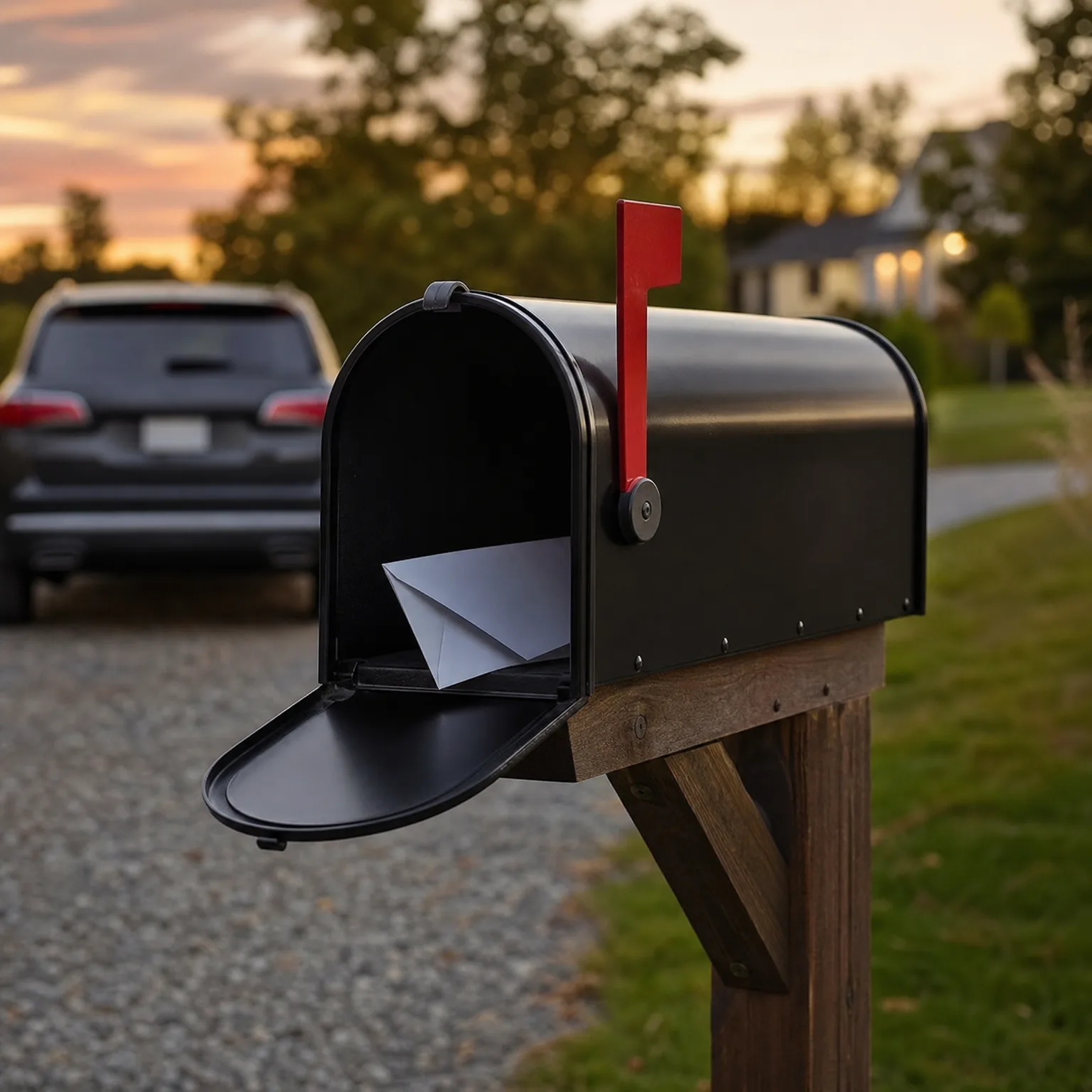 An open black mailbox with a raised red flag on a wooden post holds a white envelope, with a parked SUV on a gravel driveway and a house blurred in the background at dusk.