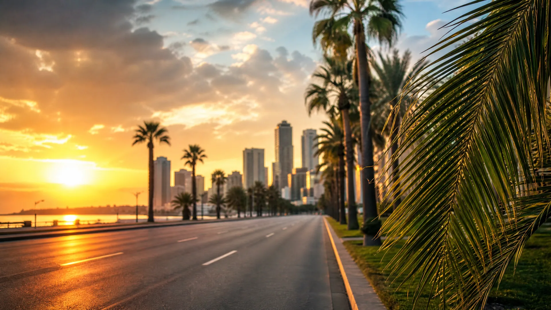 An empty multi-lane asphalt road beside a waterfront lined with palm trees, with high-rise buildings in the hazy distance and the sun low on the horizon.