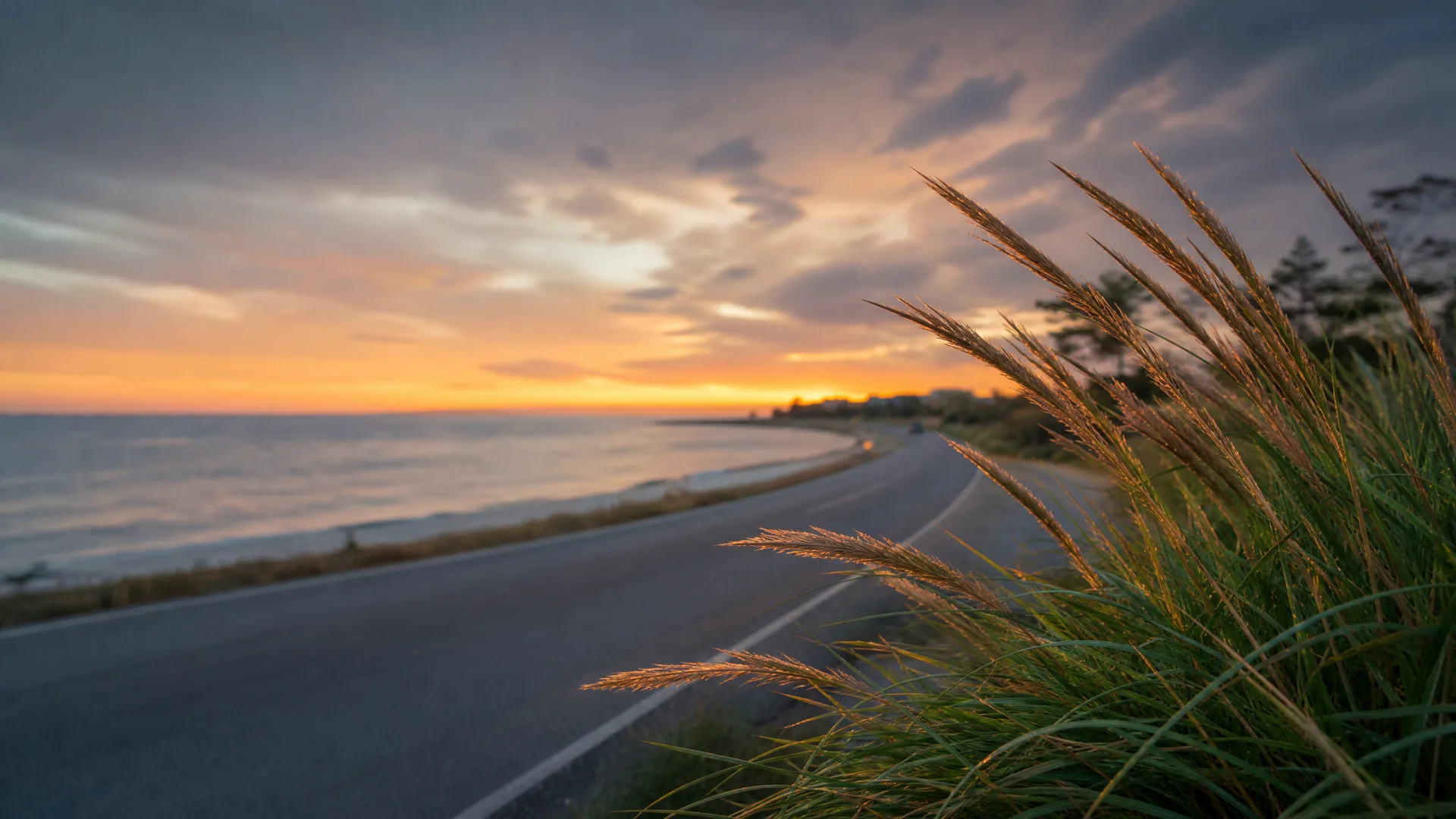 A coastal road curves along a shoreline at sunset, with tall seed-headed grasses in sharp focus in the right foreground and orange clouds over the sea.